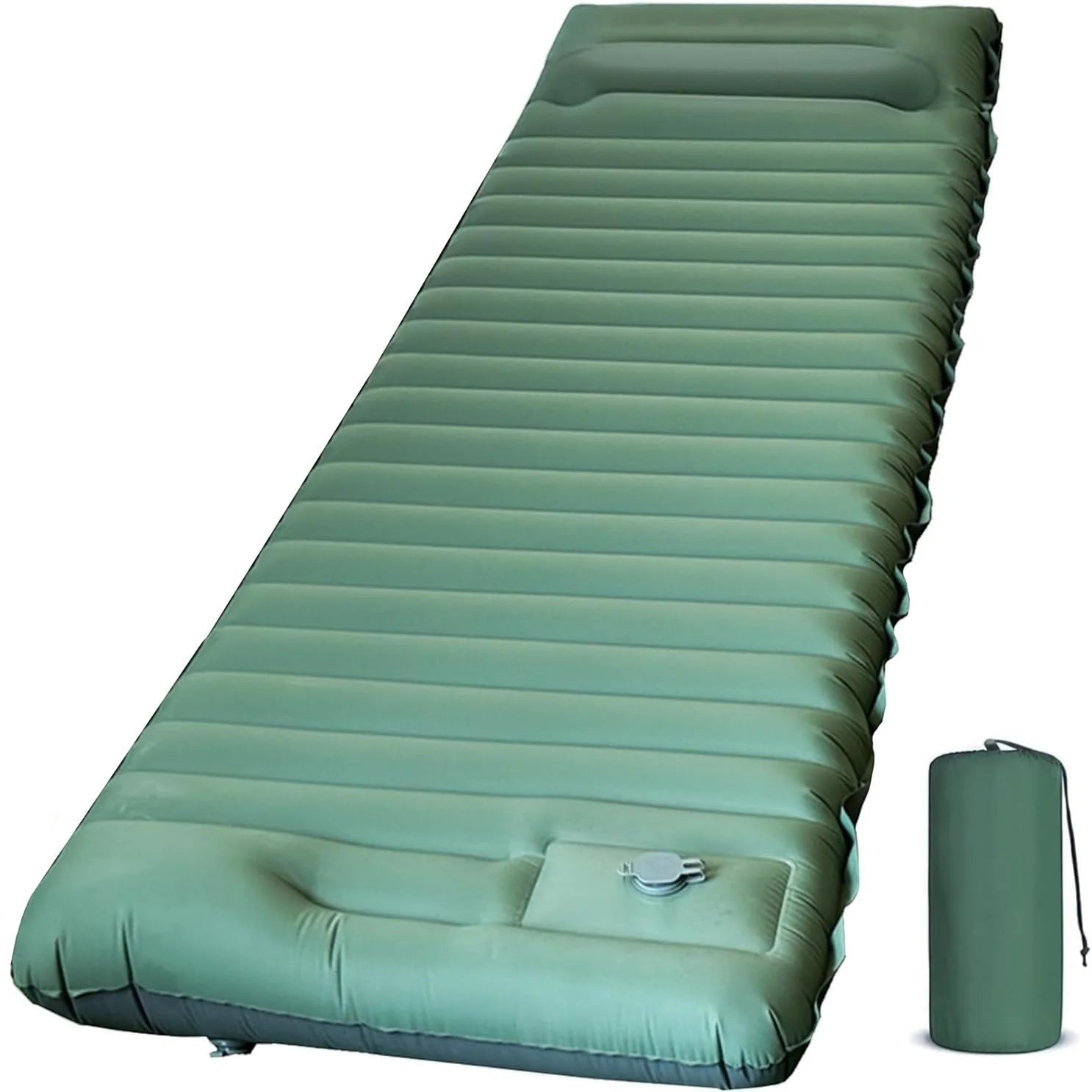 Matelas gonflable vert Passion Randonnée avec pompe à pied intégrée, pour le camping et la randonnée.