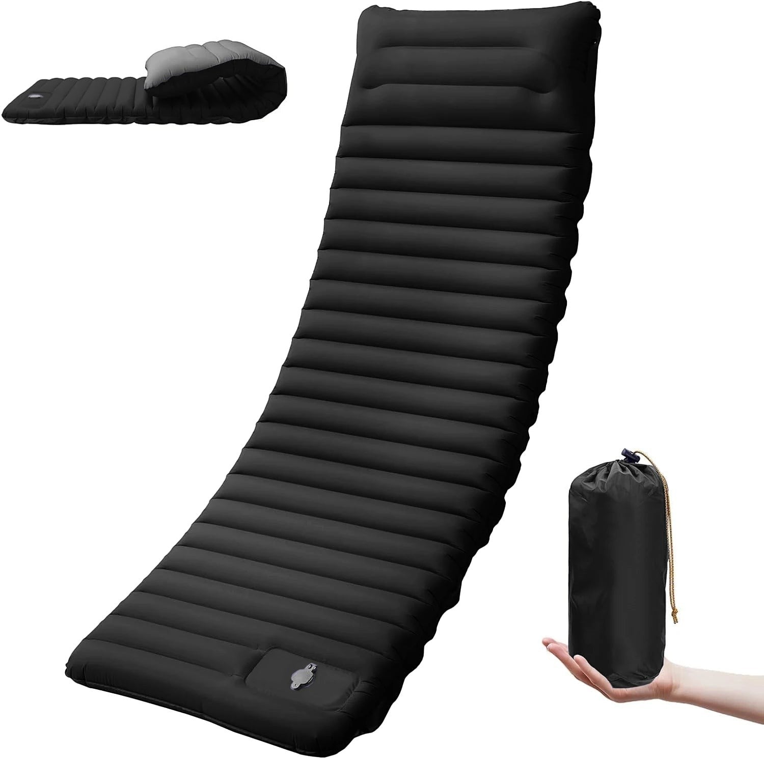 Matelas gonflable noir Passion Randonnée avec pompe intégrée et oreiller, compact pour le camping.