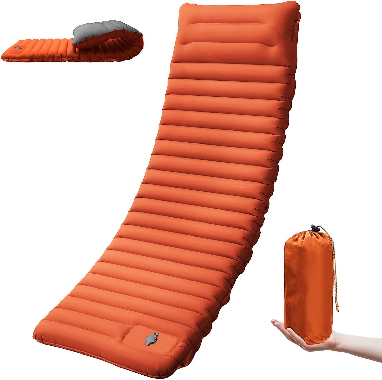 Matelas gonflable orange Passion Randonnée avec pompe à pied intégrée et partie oreiller grise.