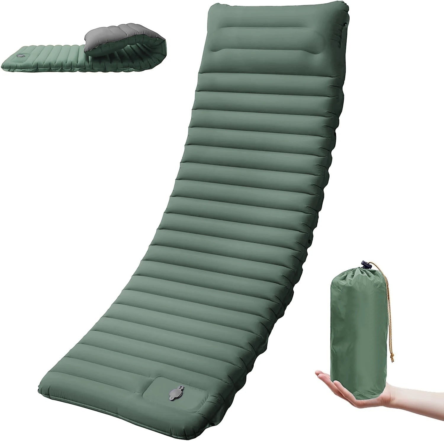 Matelas gonflable vert Passion Randonnée avec pompe à pied intégrée, léger et compact, idéal pour le camping.