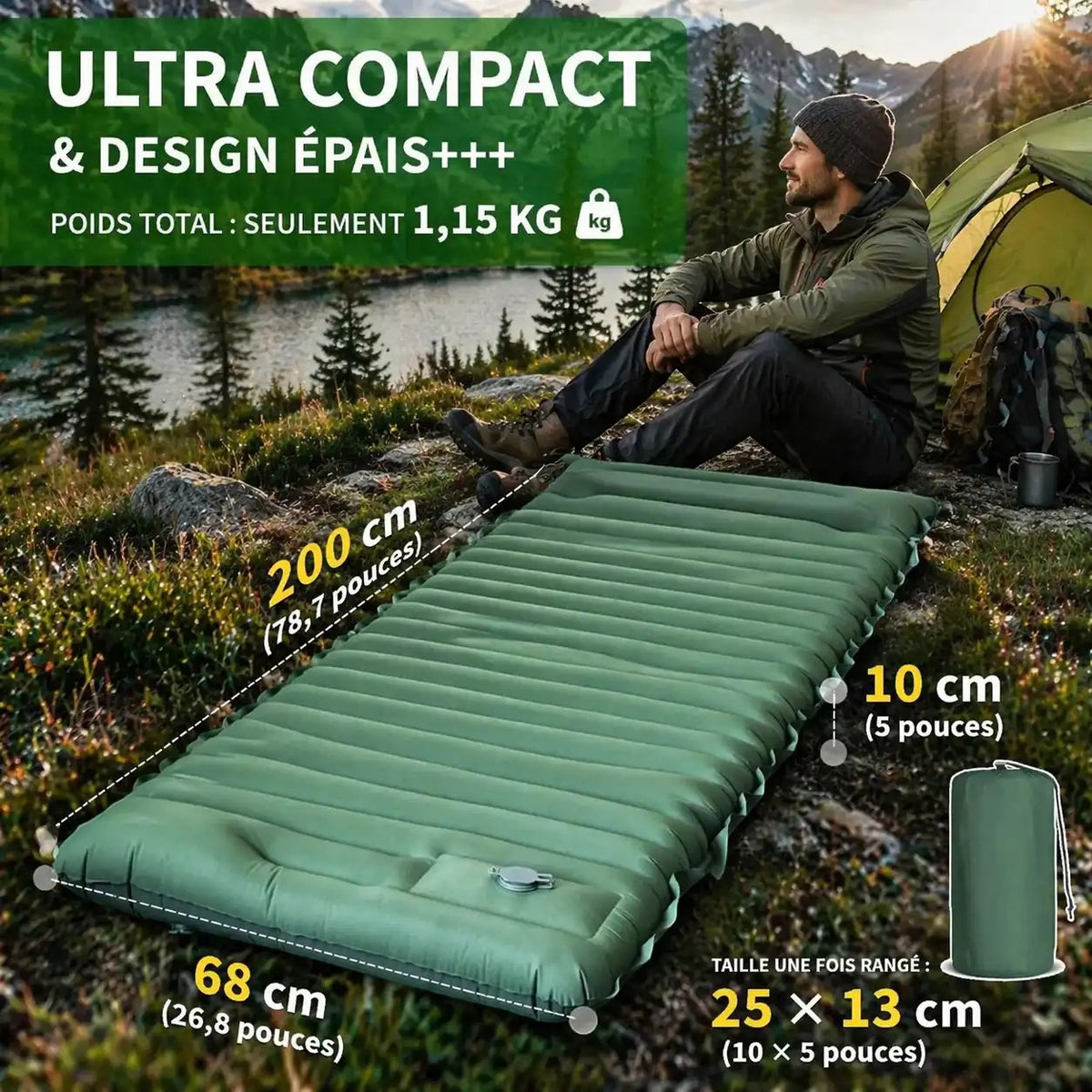 Matelas gonflable vert Passion Randonnée avec pompe à pied intégrée, 200 cm x 68 cm, épaisseur 10 cm.