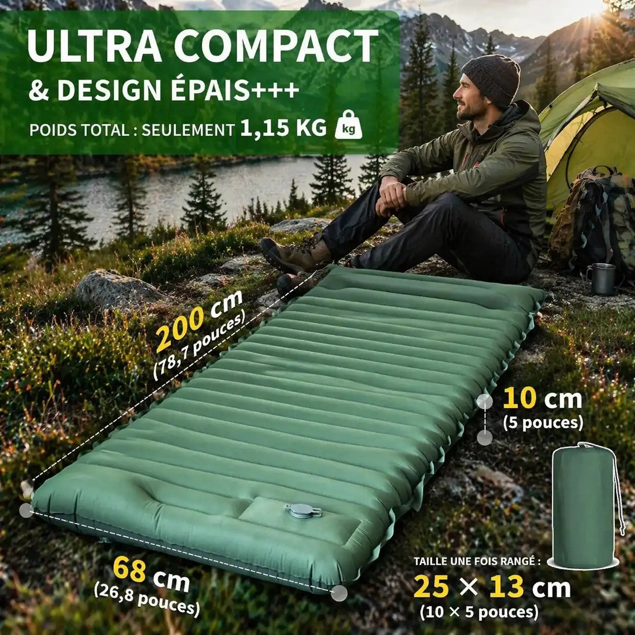 Matelas gonflable vert Passion Randonnée avec pompe à pied intégrée, 200 cm x 68 cm, épaisseur 10 cm.