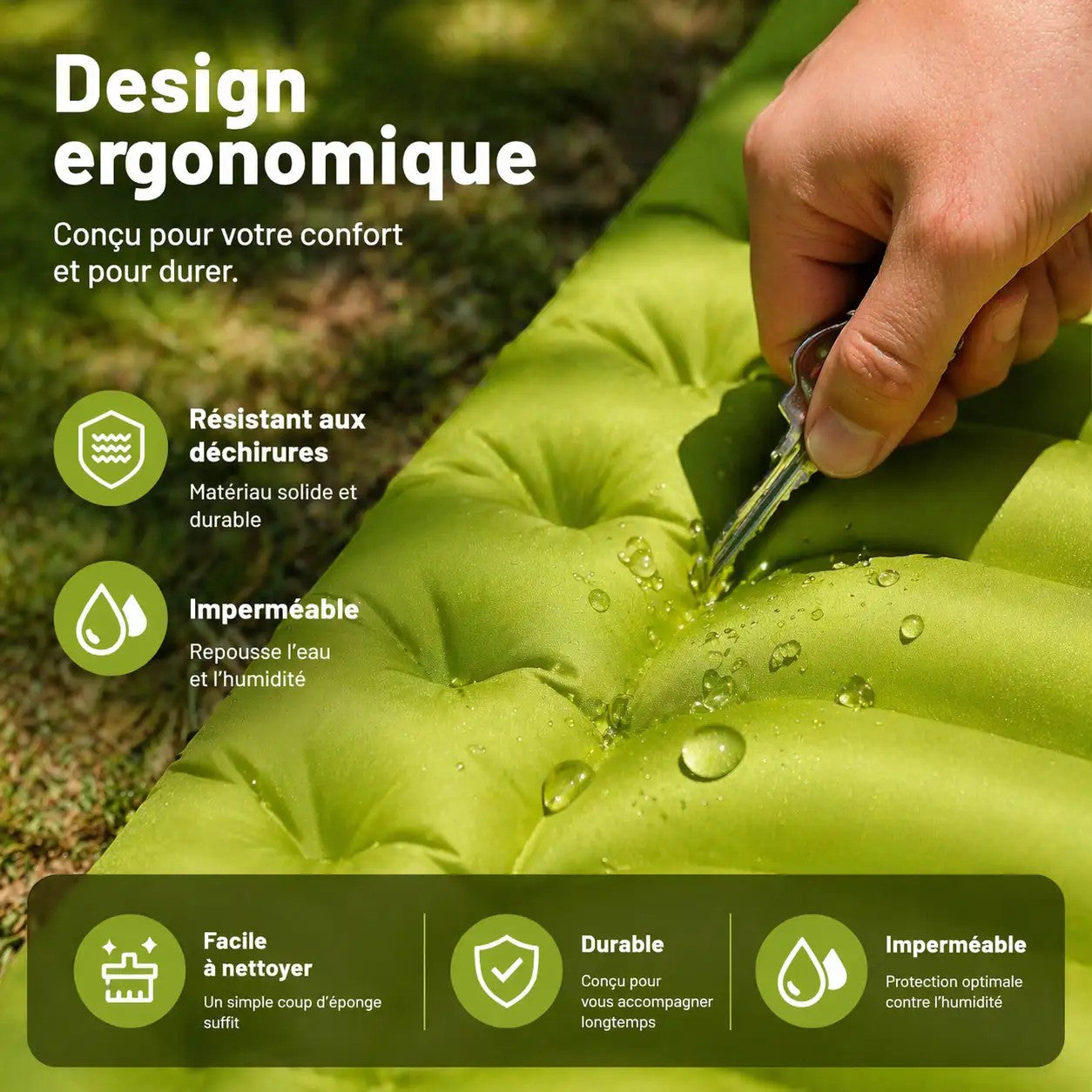 Matelas de camping Passion Randonnée en TPU et nylon vert épais, avec pompe à pied intégrée, imperméable et résistant.