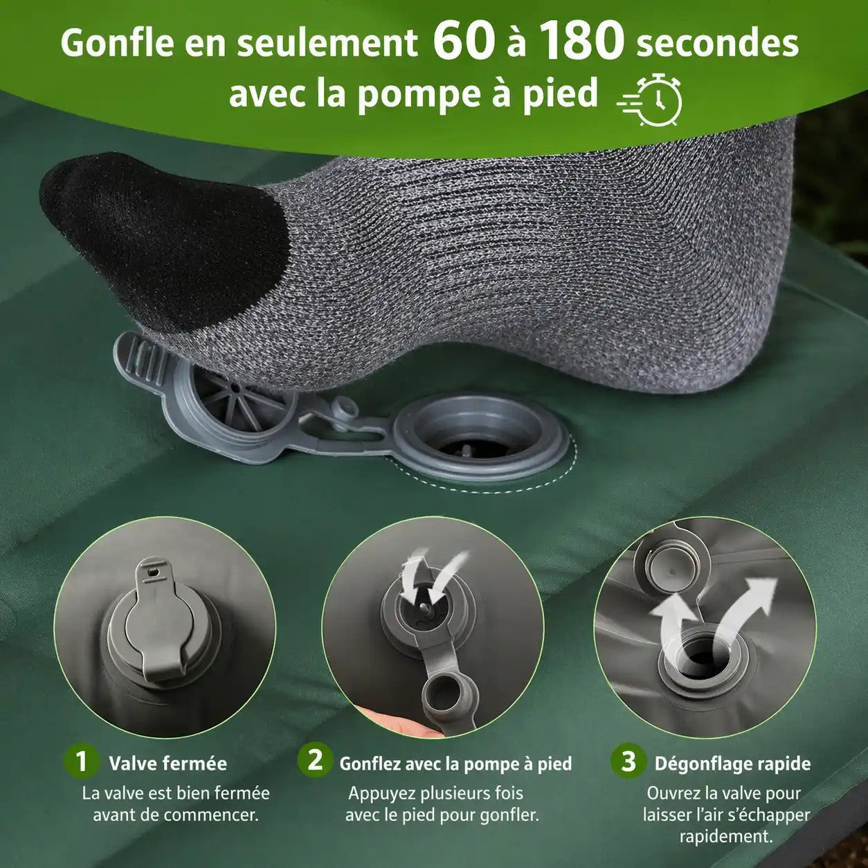 Matelas de camping vert Passion Randonnée avec pompe à pied intégrée pour un gonflage et un dégonflage rapides.