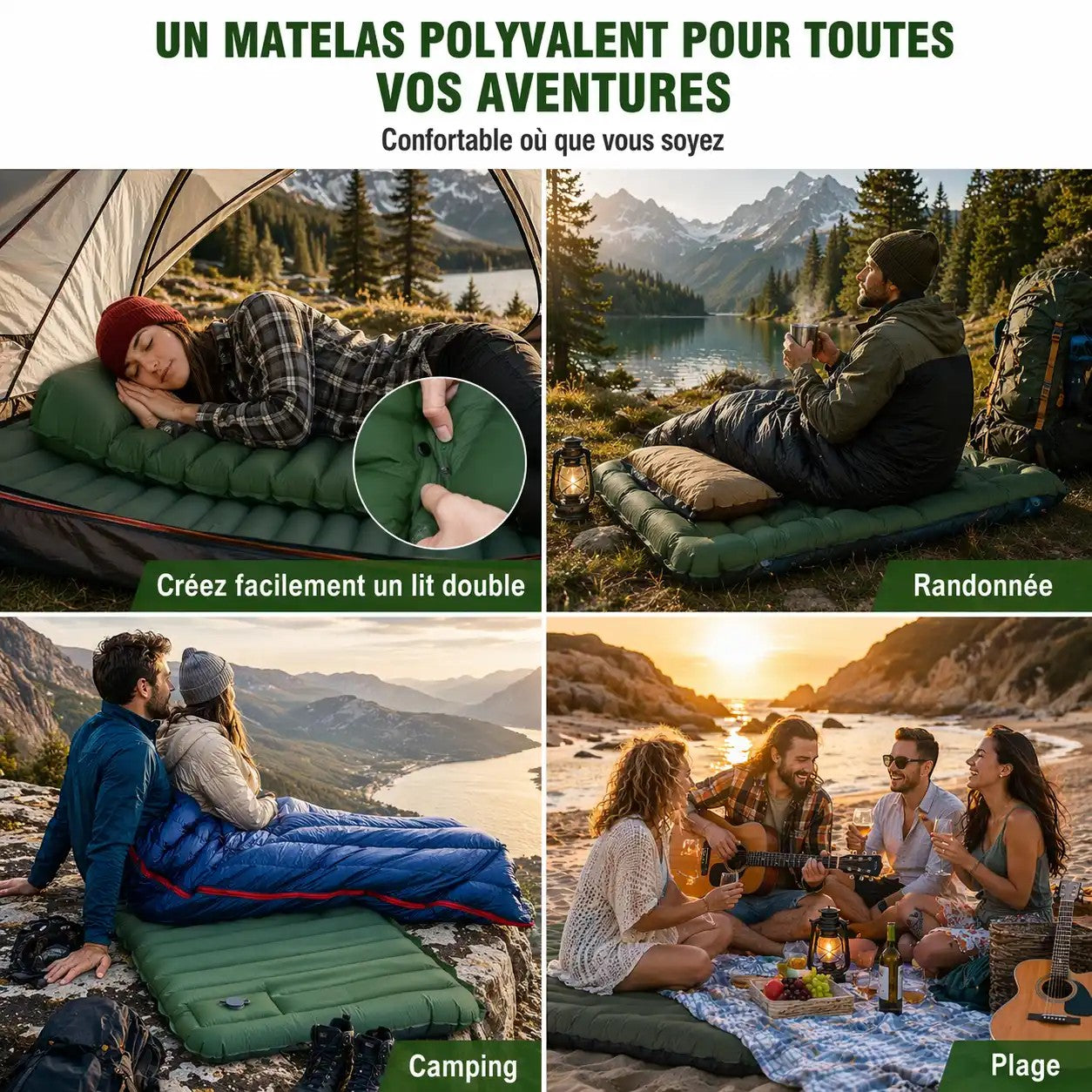Matelas gonflable vert Passion Randonnée avec pompe à pied intégrée, pour le camping et la randonnée