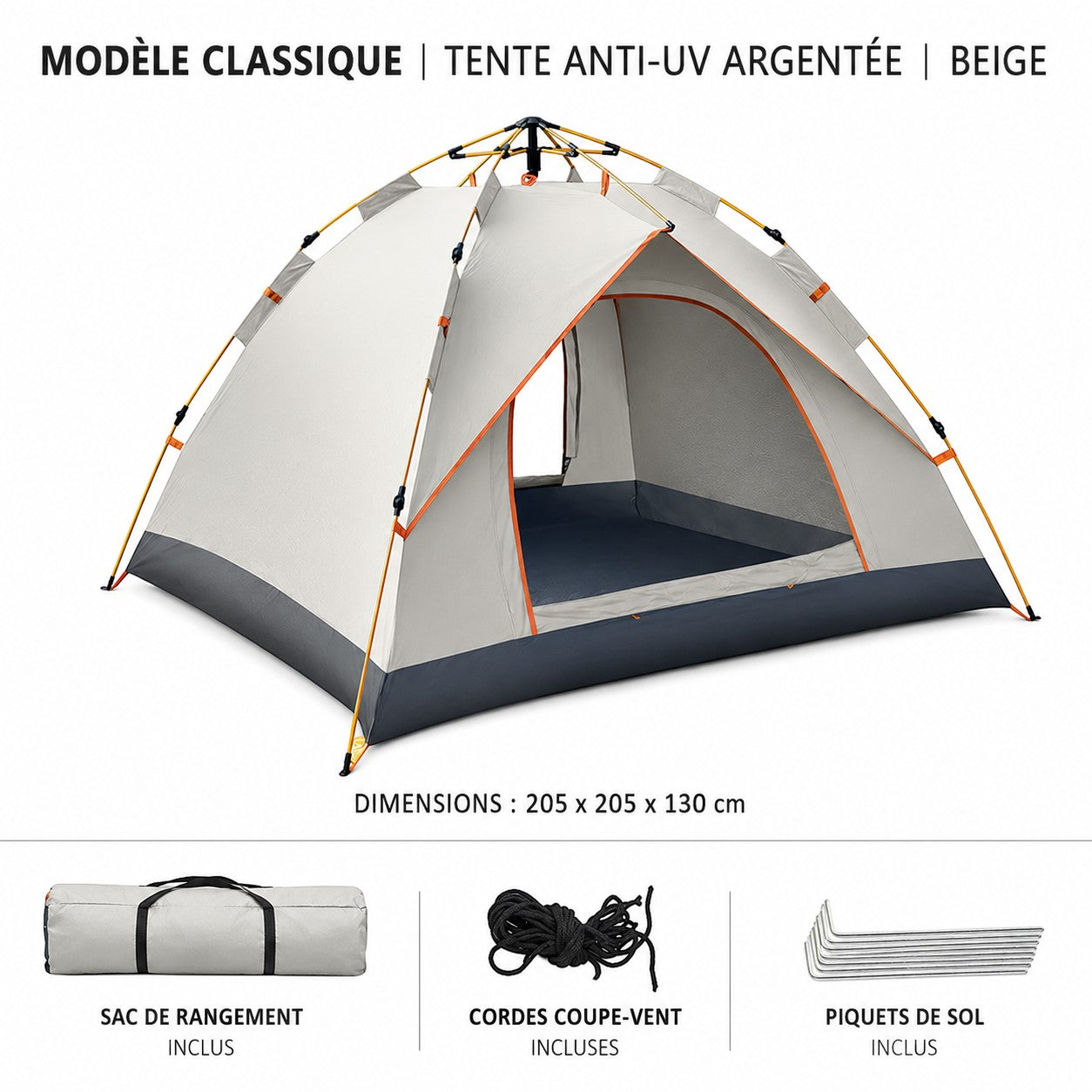 Tente anti-UV beige Passion Randonnée avec sac de rangement, cordes coupe-vent et piquets de sol inclus pour le camping.