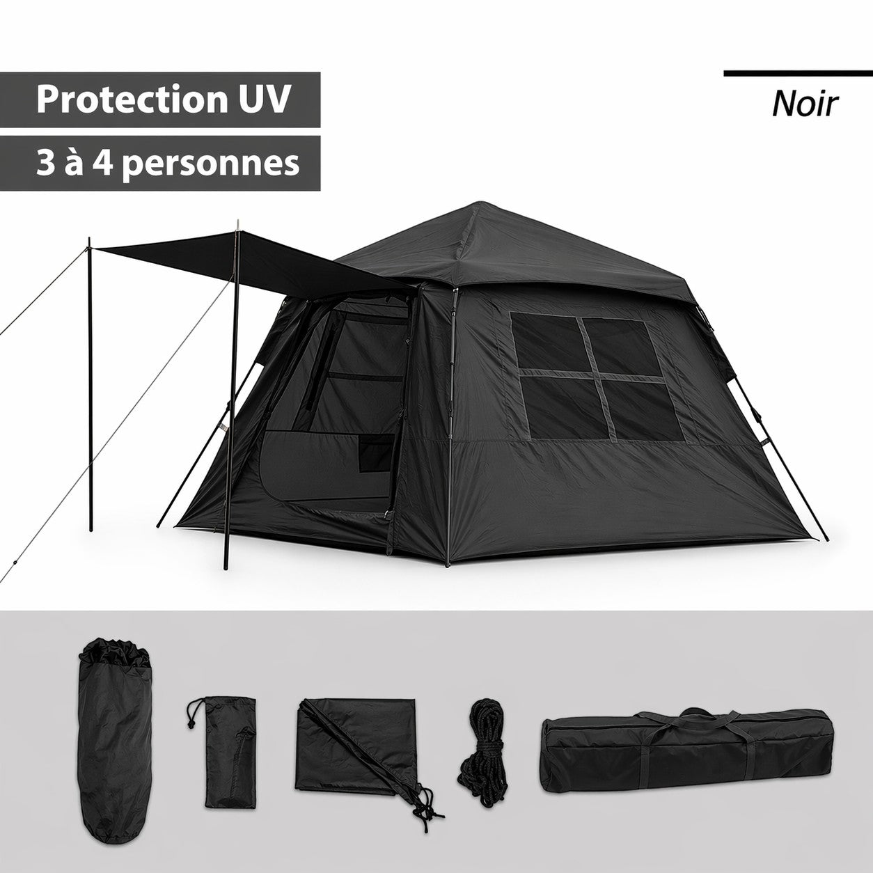 Tente-cabine automatique Passion Randonnée noire pour 3 à 4 personnes, protection anti-UV, armature en fibre de verre, toile Oxford, intérieur spacieux avec fenêtres.