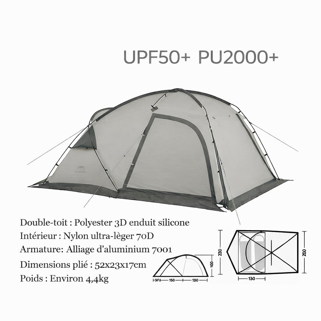 Tente de camping 4 saisons pour 2 personnes « Passion Randonnée », avec double paroi en polyester gris enduit de silicone et armature en aluminium.
