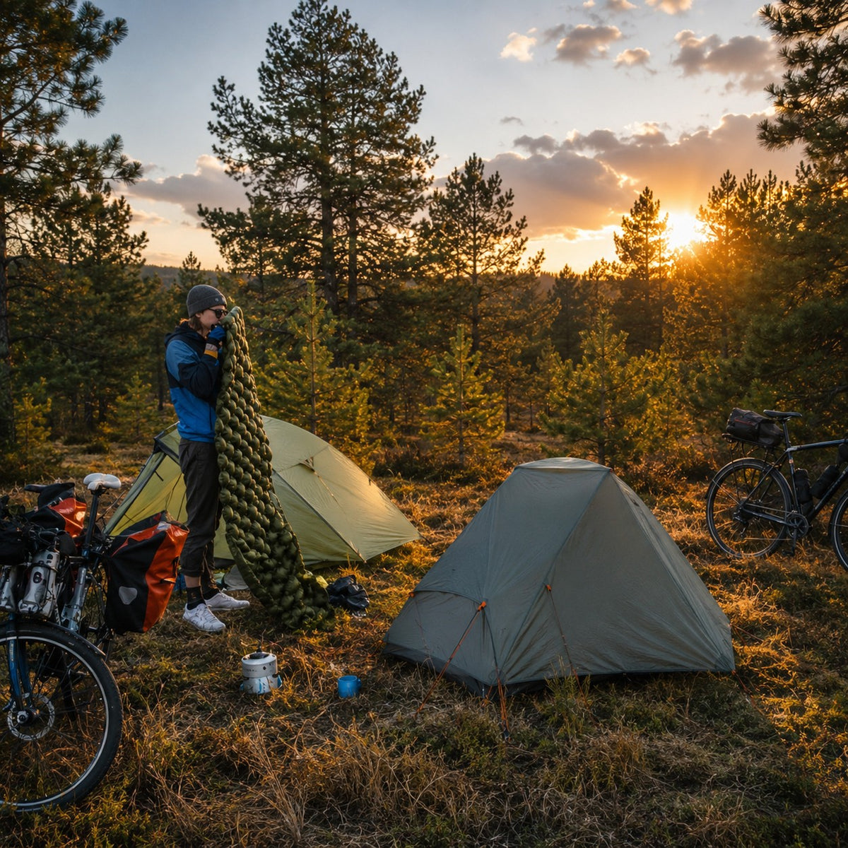 Tente de bivouac grise Passion Randonnée installée dans un campement en plein air au coucher du soleil, au milieu des pins.