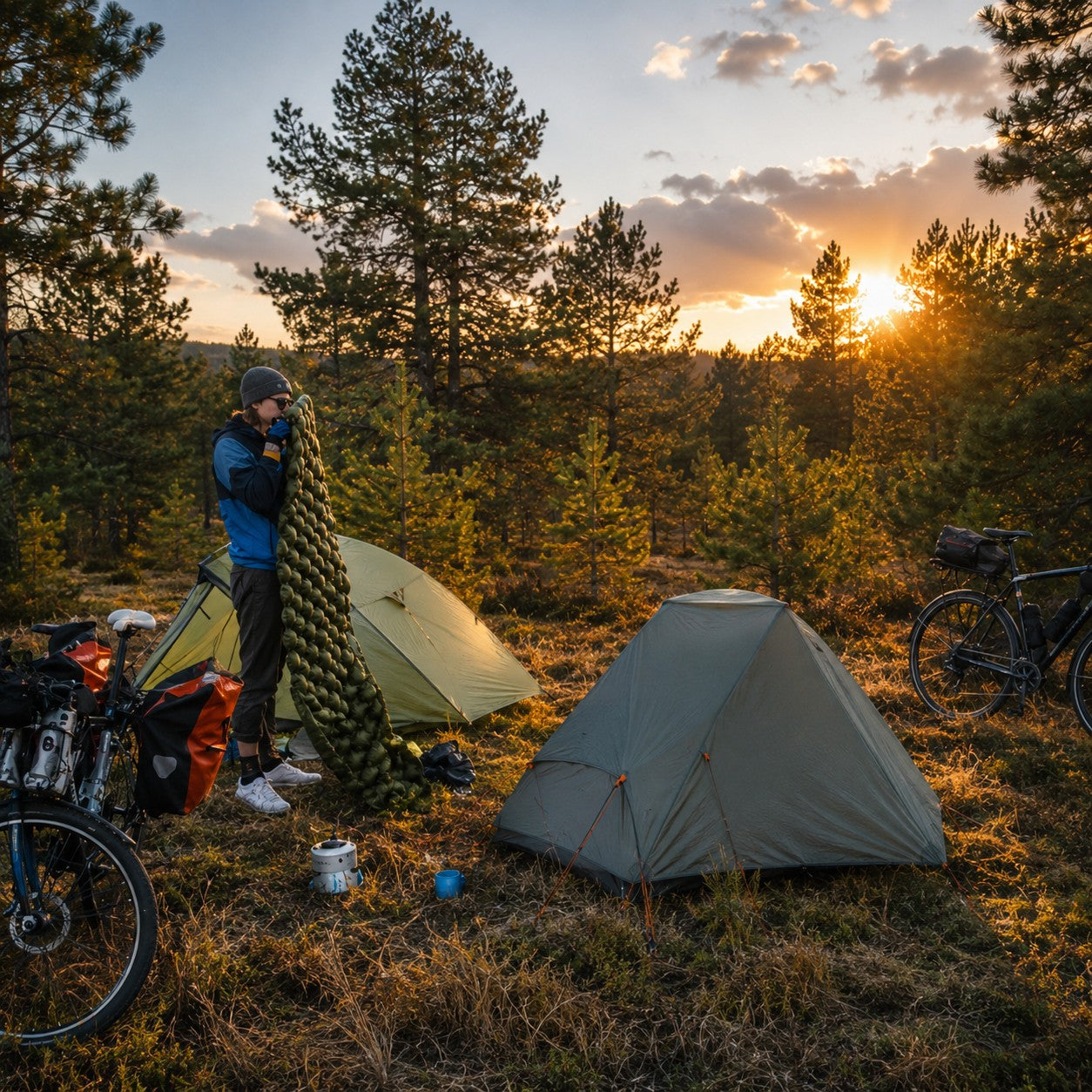 Tente de bivouac grise Passion Randonnée installée dans un campement en plein air au coucher du soleil, au milieu des pins.