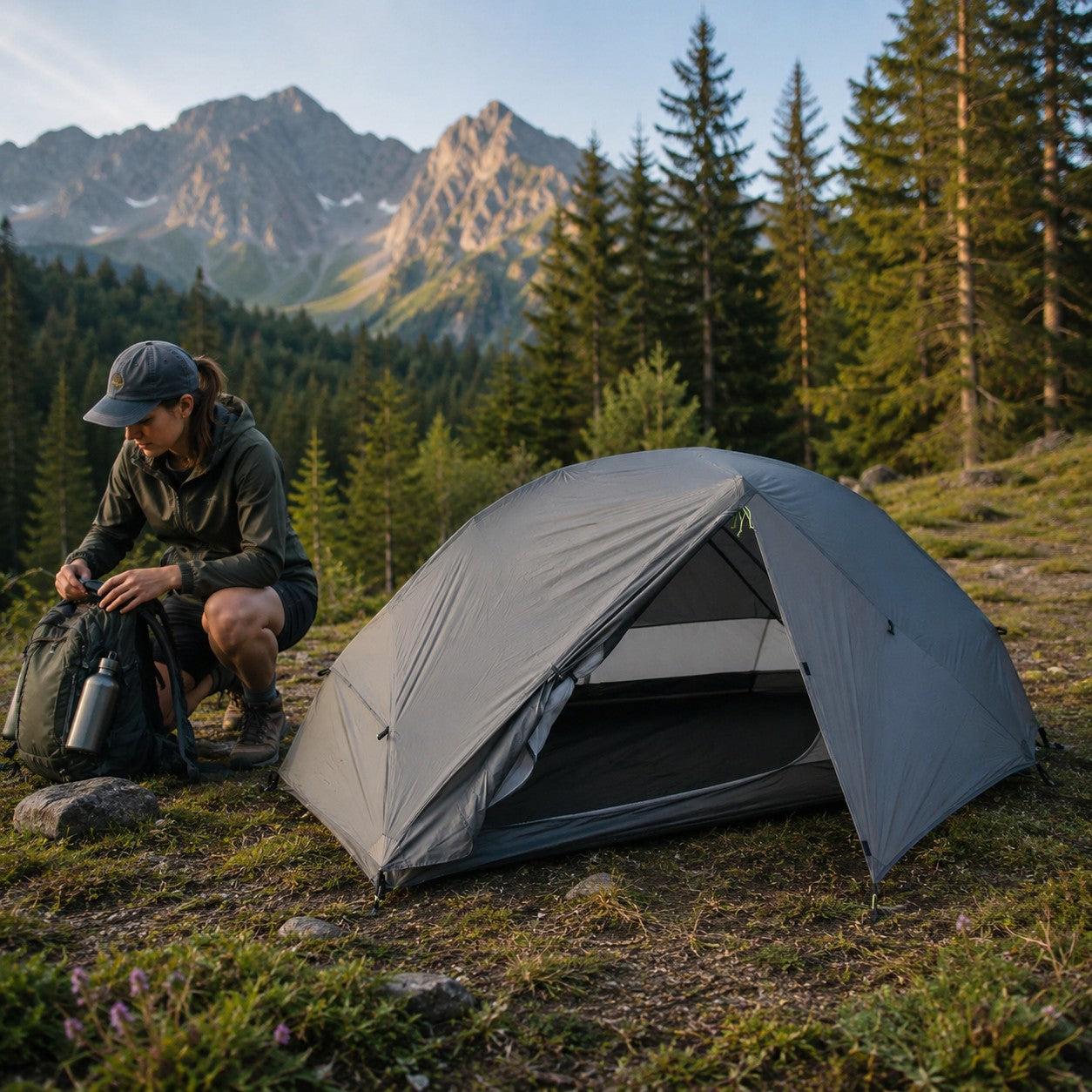 Tente de bivouac grise Passion Randonnée installée en montagne, avec un randonneur à côté dans un environnement forestier.