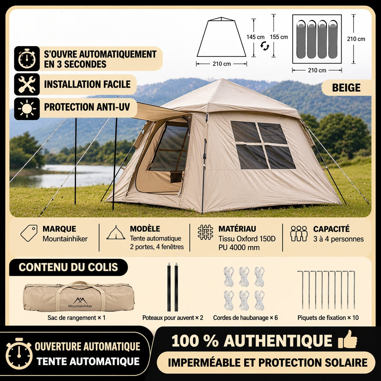 Tente automatique Passion Randonnée pour 3 à 4 personnes, en toile Oxford beige avec protection anti-UV et armature en fibre de verre.