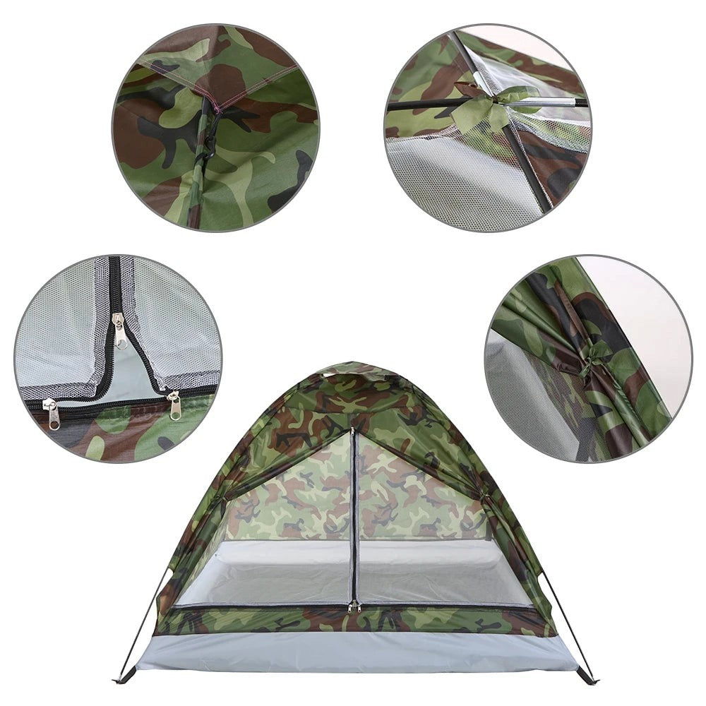 Vue avant de la tente camouflage Passion Randonnée avec détails des finitions, de la fermeture et de la structure, pour mieux voir la conception du modèle.