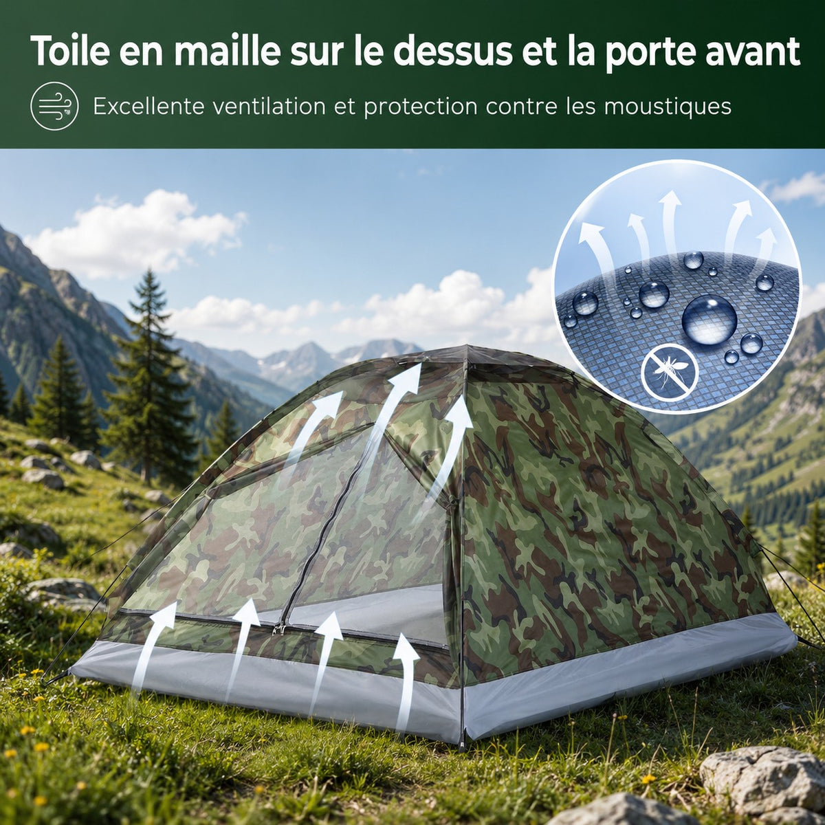 Tente camouflage Passion Randonnée avec toile en maille sur le dessus et la porte avant, conçue pour favoriser la ventilation et limiter les moustiques.