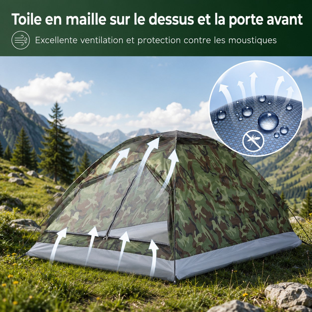 Tente camouflage Passion Randonnée avec toile en maille sur le dessus et la porte avant, conçue pour favoriser la ventilation et limiter les moustiques.