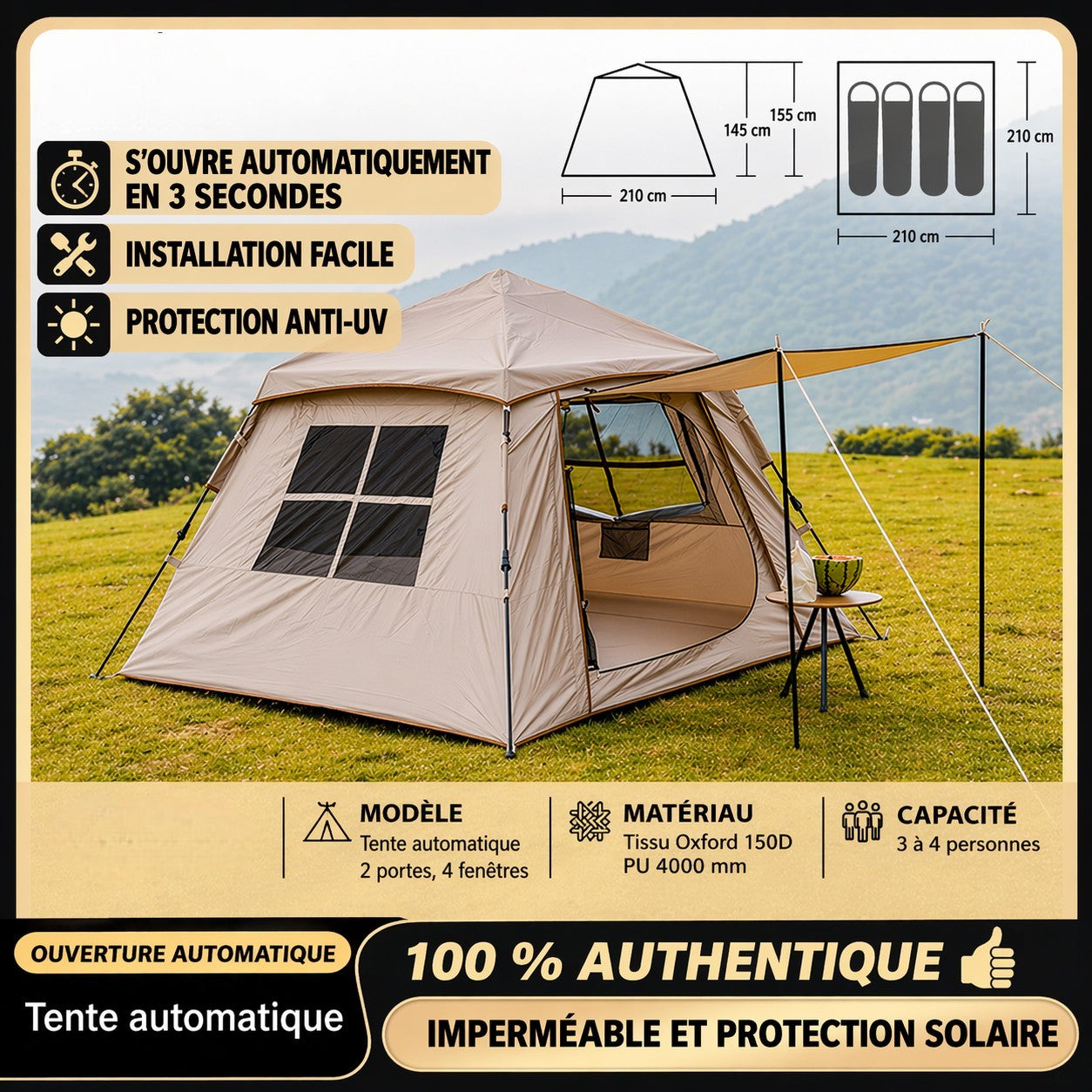 Tente automatique Passion Randonnée pour 3 à 4 personnes, en tissu Oxford beige, armature en fibre de verre, 4 fenêtres, montage facile.