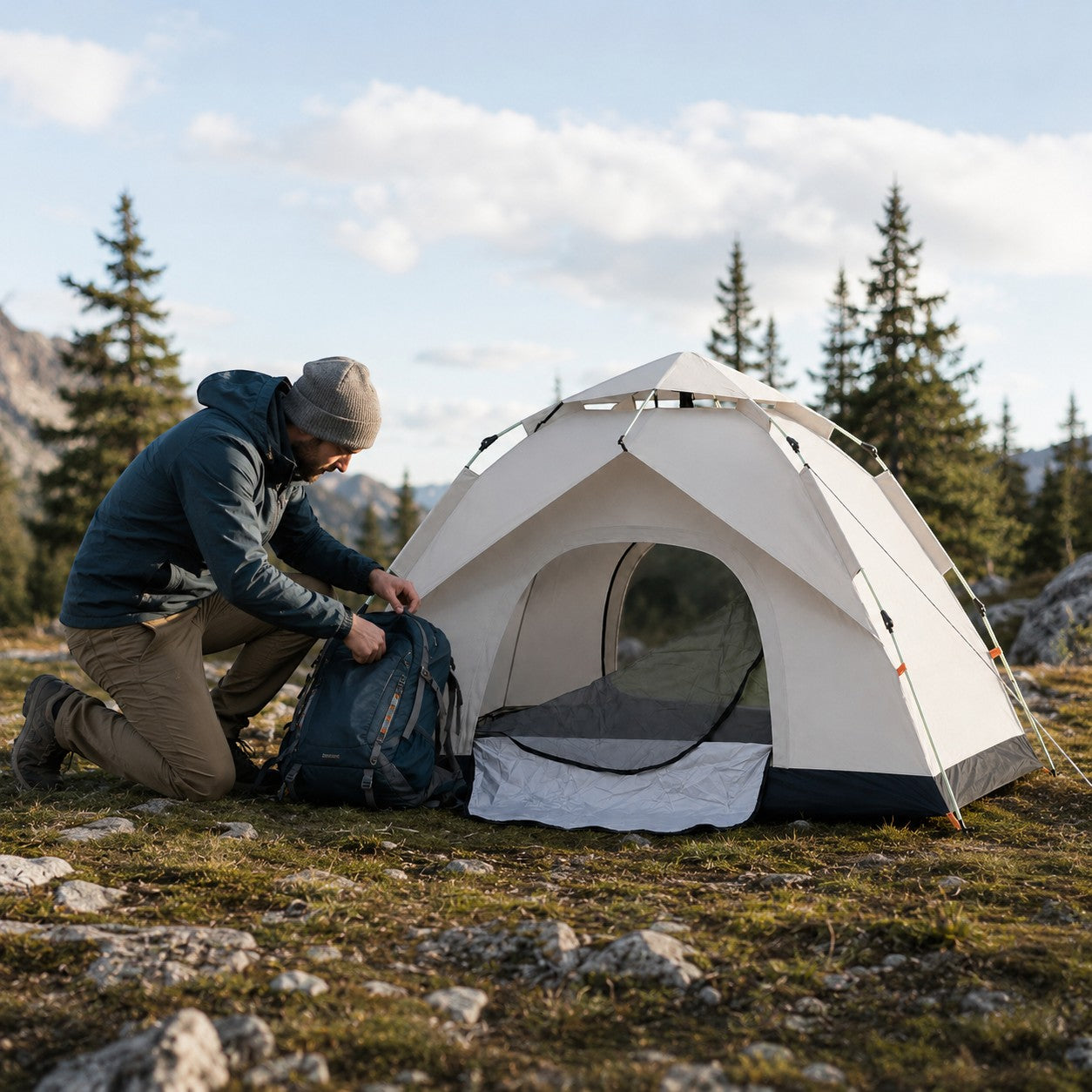 Tente de camping beige Passion Randonnée installée en montagne, avec un randonneur préparant son matériel à côté de l’abri.