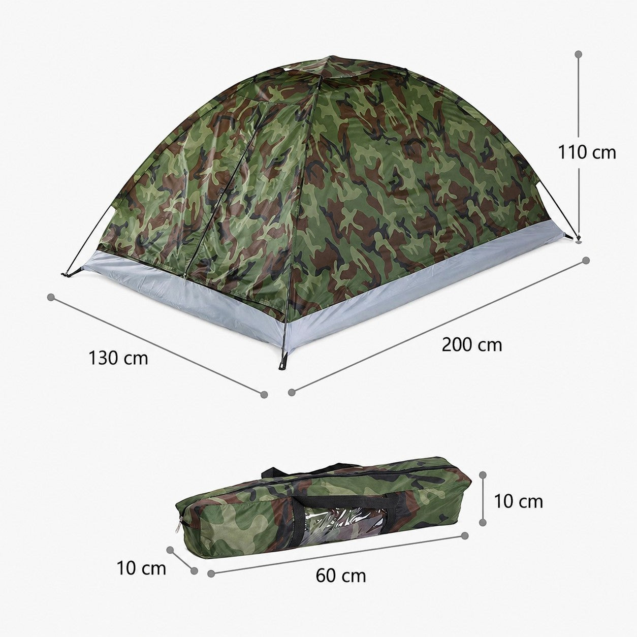 Tente de camping camouflage Passion Randonnée avec dimensions indiquées, format compact et sac de transport pratique pour la randonnée.