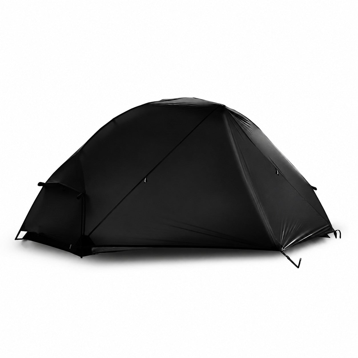 Vue latérale d’une tente de camping grise Passion Randonnée, au profil compact et léger pour les randonnées en solitaire.
