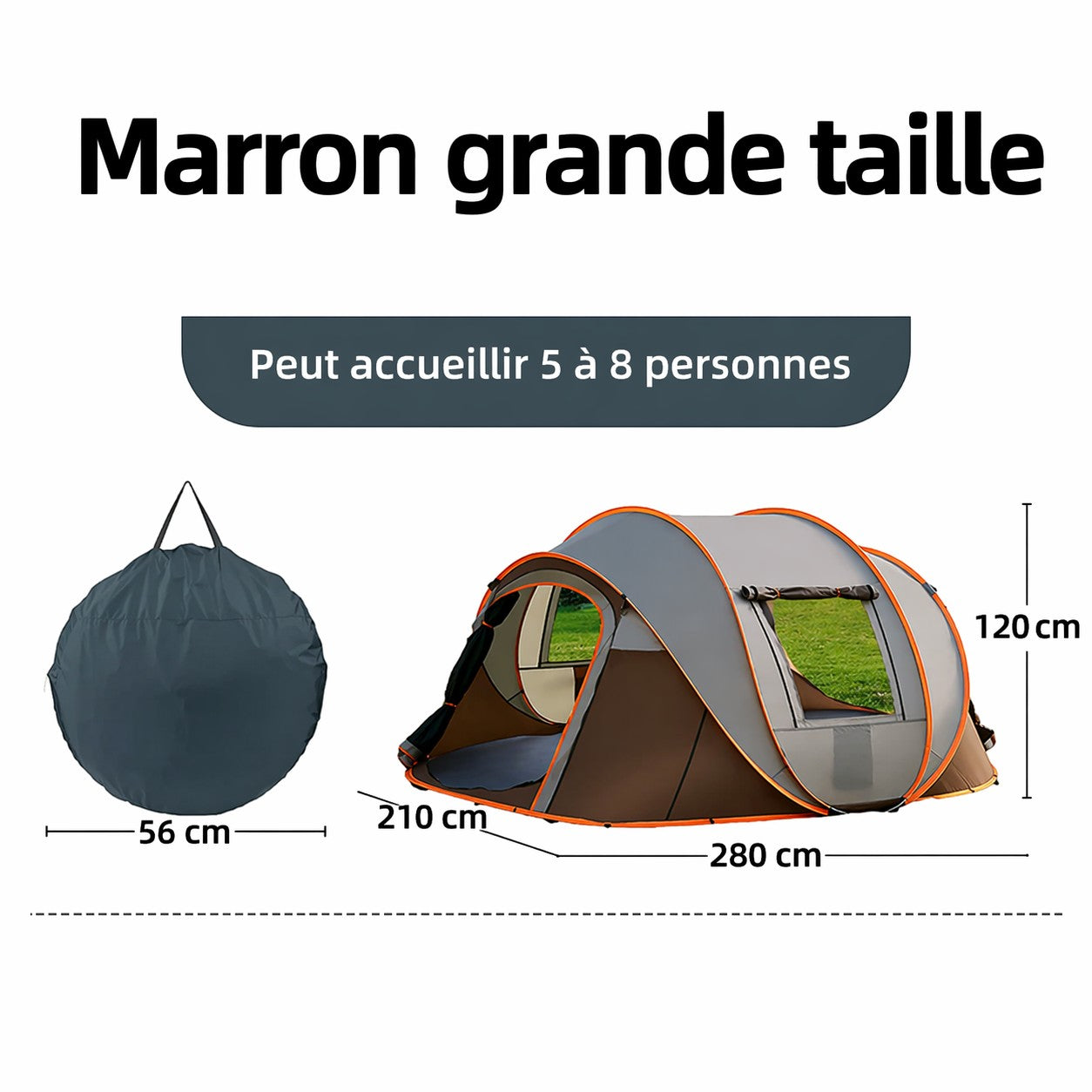 Tente de camping familiale « Passion Randonnée » gris et marron, à montage rapide, pouvant accueillir 5 à 8 personnes, en polyester imperméable.