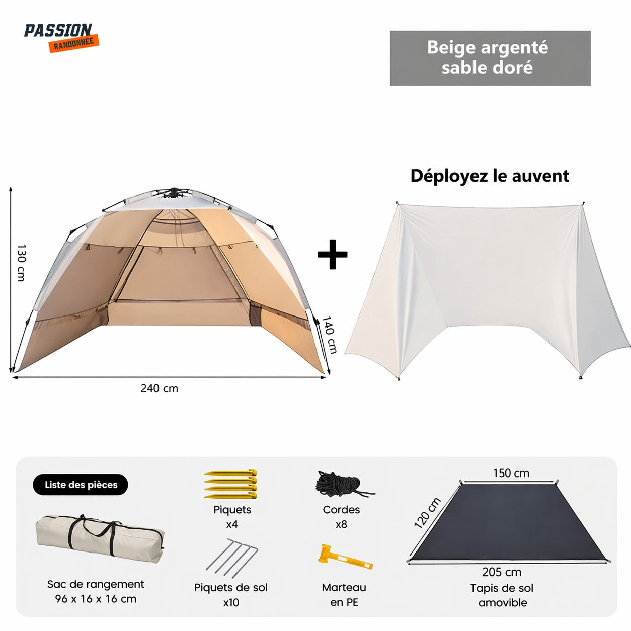 Tente de camping familiale automatique Passion Randonnée, couleur beige et argent, pouvant accueillir 3 à 4 personnes, avec auvent et tapis de sol en option.