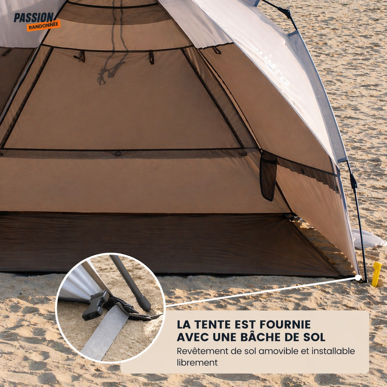 Tente de camping familiale automatique Passion Randonnée, en polyester beige et marron, pouvant accueillir 3 à 4 personnes, montage instantané, idéale pour la plage ou le parc.