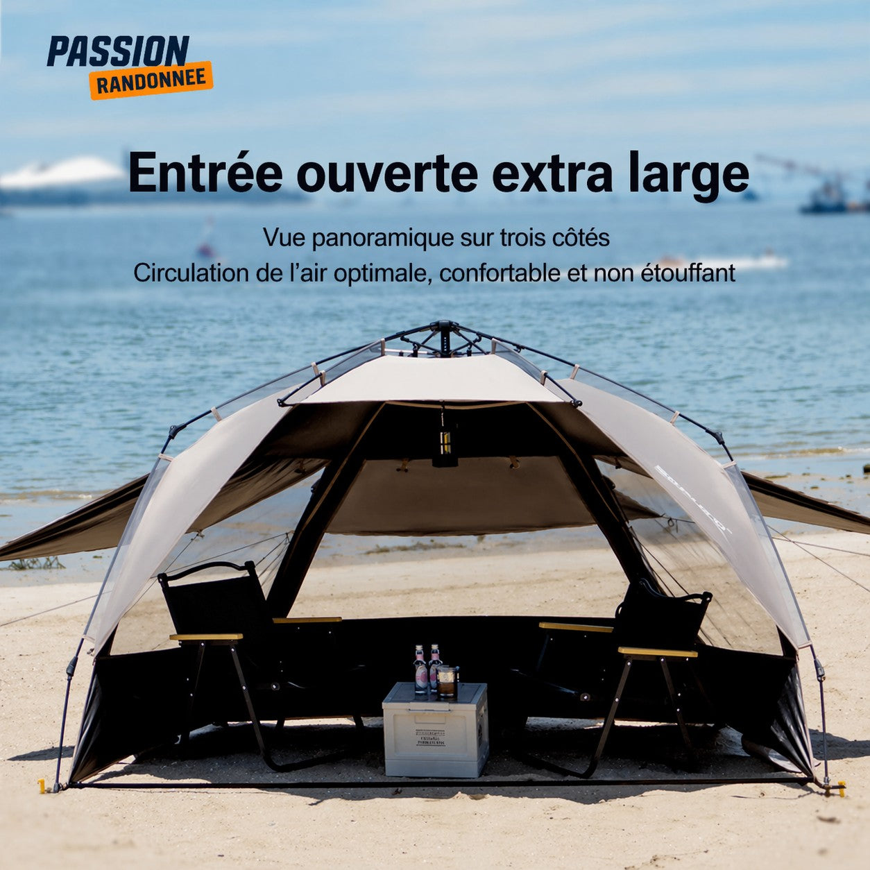 Tente de camping familiale automatique Passion Randonnée, 3-4 personnes, en polyester gris et noir, montage instantané, idéale pour la plage ou le parc.