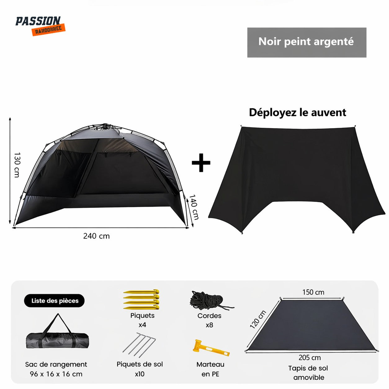 Tente de camping familiale automatique Passion Randonnée, en polyester noir, pour 3 à 4 personnes, avec auvent intégré et tapis de sol.