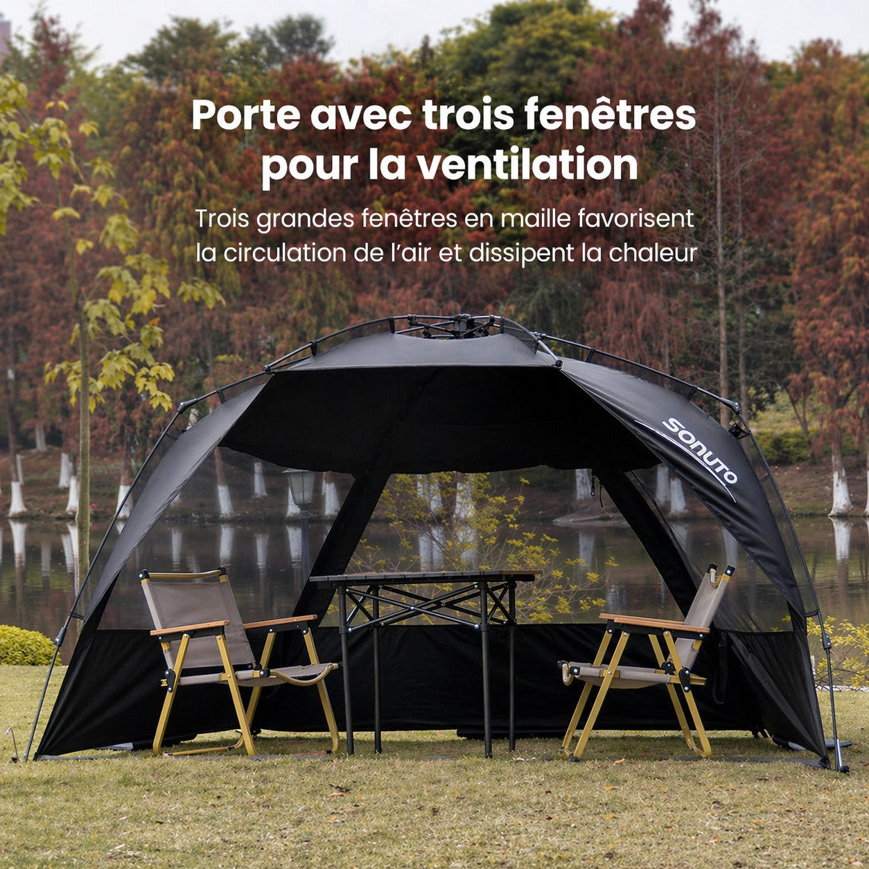 Tente de camping familiale automatique Passion Randonnée avec 3 fenêtres, en polyester noir, idéale pour 3 à 4 personnes, à la plage, au parc ou pour la pêche.
