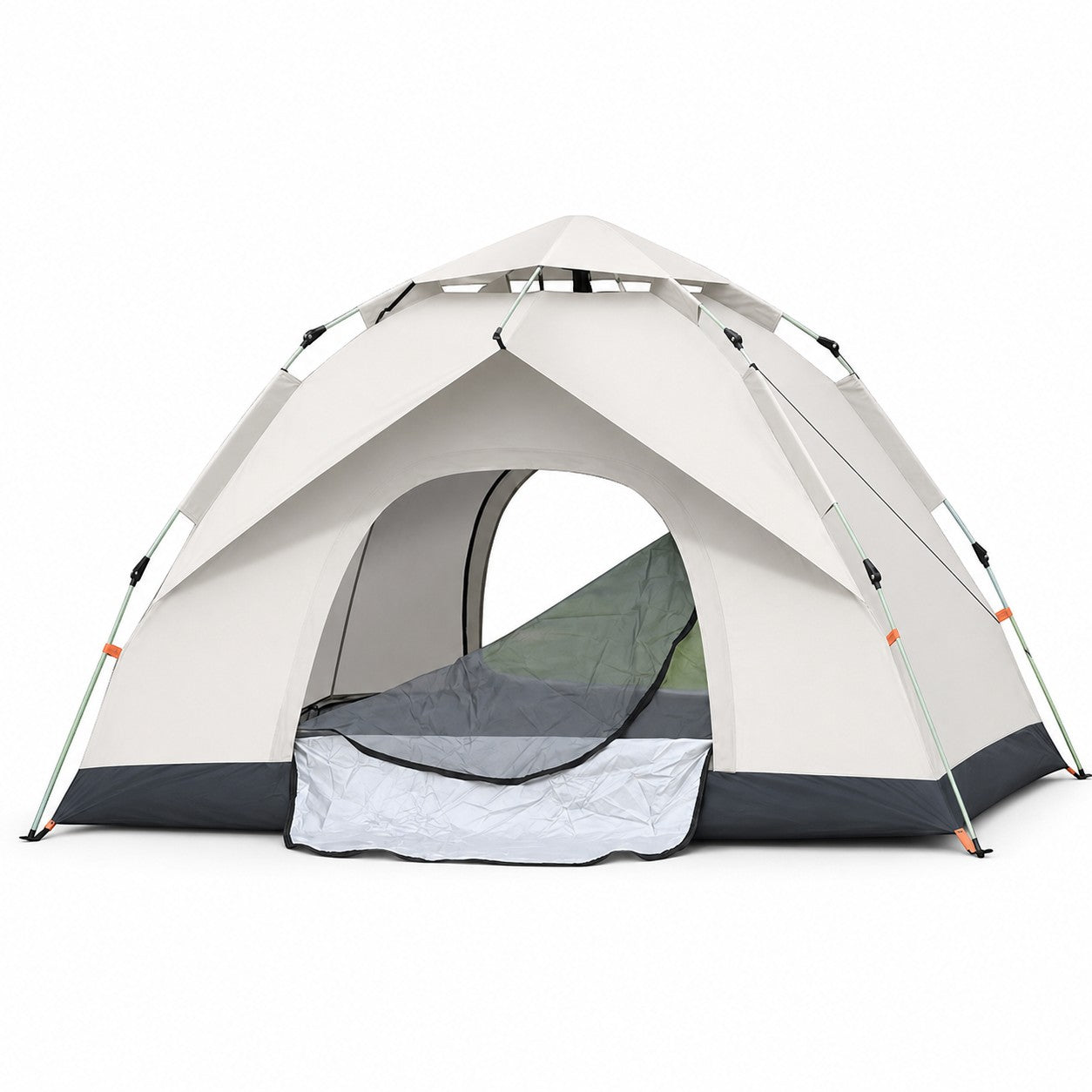 Tente familiale beige Passion Randonnée présentée sur fond clair, avec grande ouverture avant et structure adaptée au camping en famille.