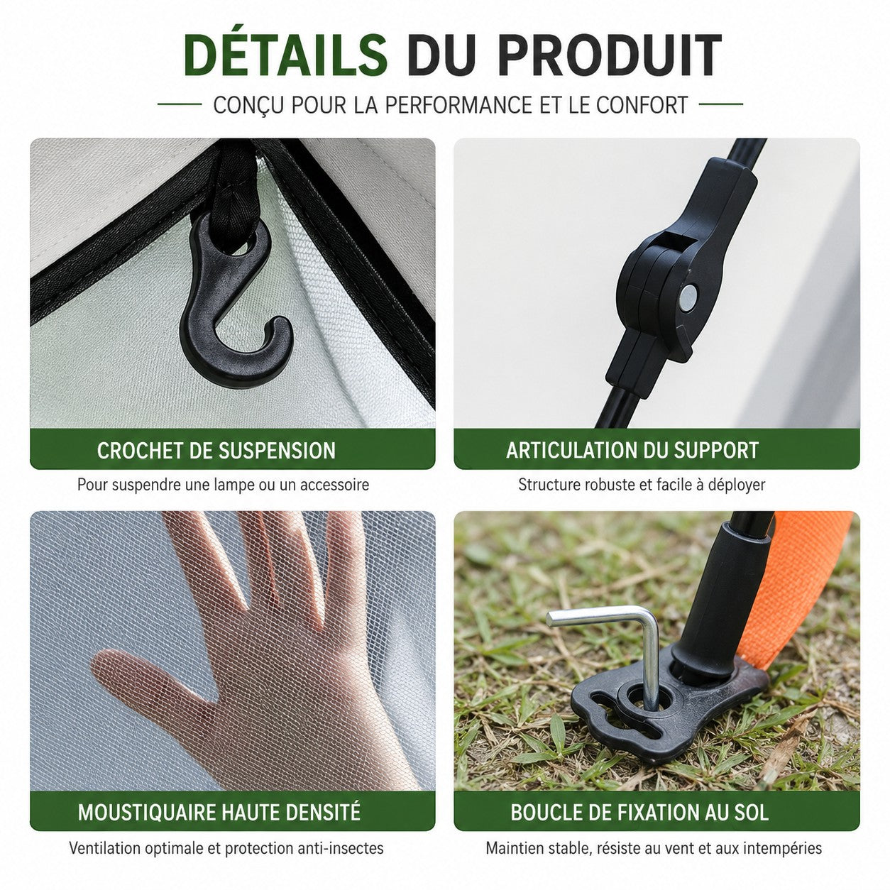 Détails de la tente familiale Passion Randonnée avec crochet de suspension, articulation du support, moustiquaire haute densité et fixation au sol.