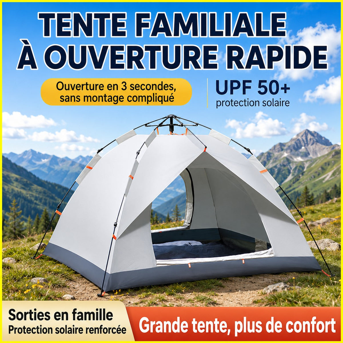 Tente familiale Passion Randonnée à ouverture rapide avec protection solaire UPF 50+, conçue pour les sorties en famille et le camping confortable.