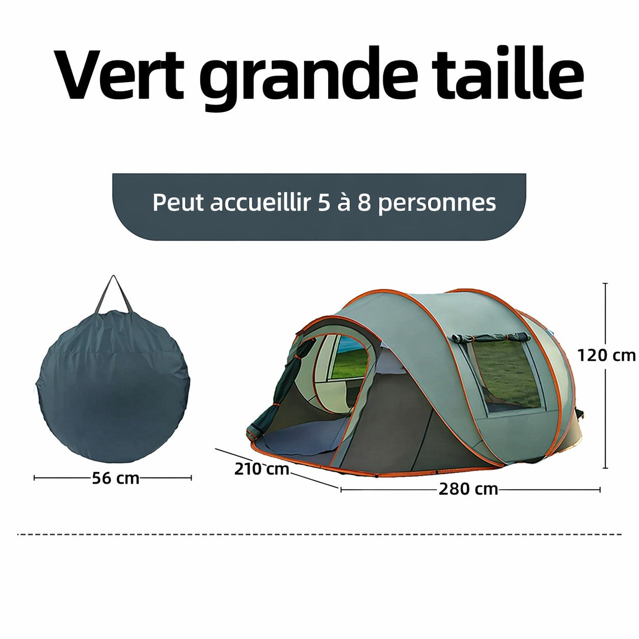 Tente de camping familiale instantanée Passion Randonnée, gris, pour 8 personnes, avec bordures et fenêtres orange.