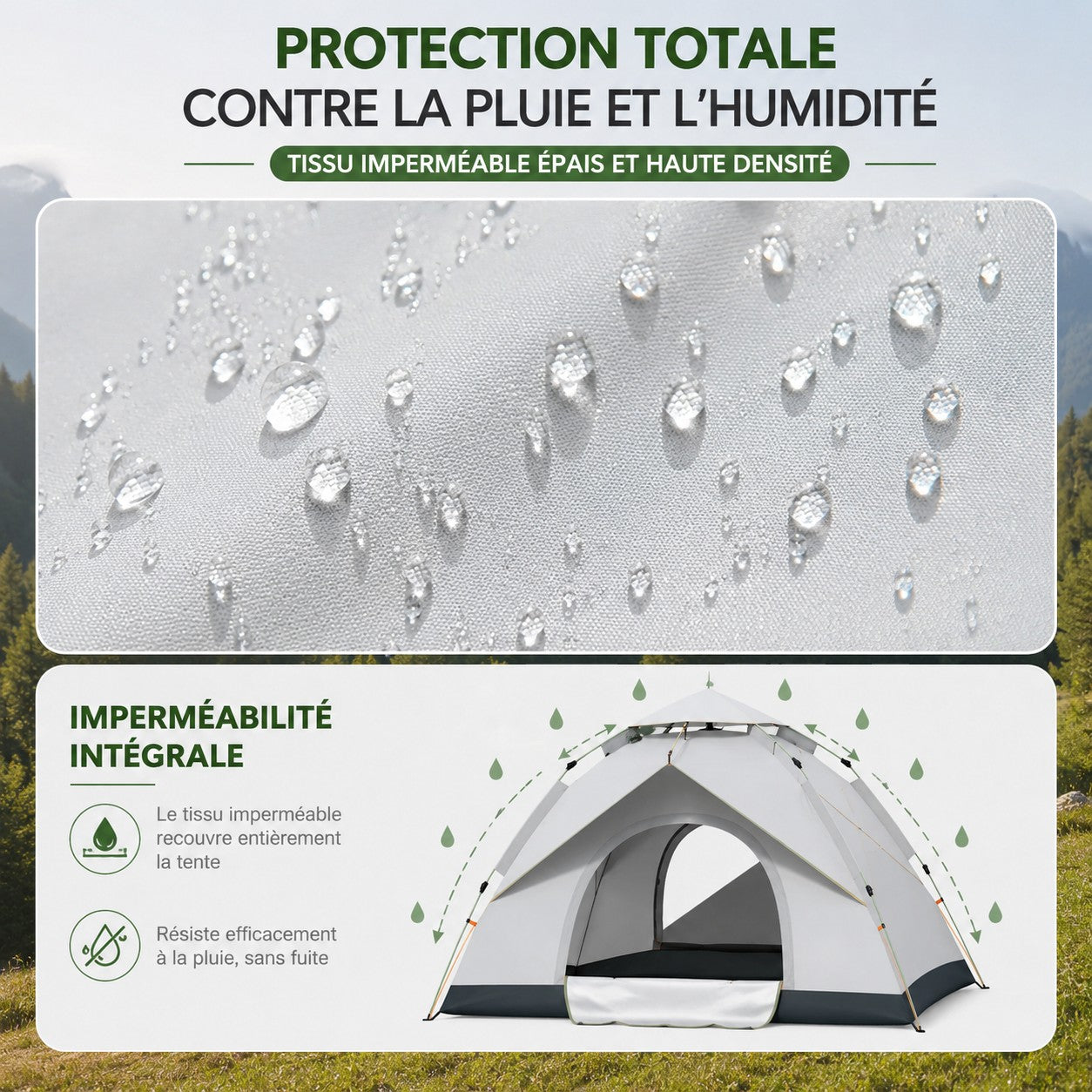 Tente imperméable beige Passion Randonnée avec tissu épais haute densité, pensée pour protéger contre la pluie et l’humidité en extérieur.