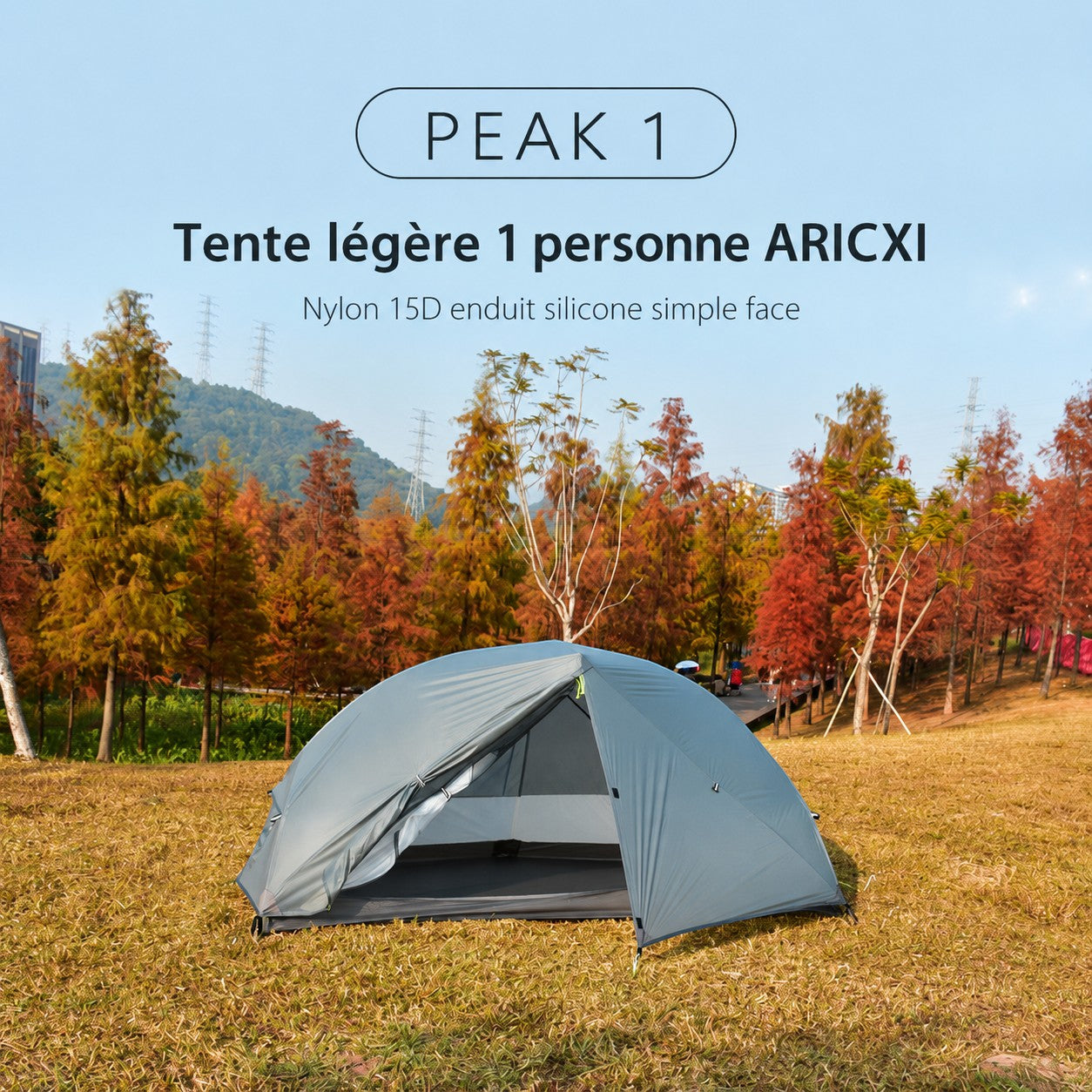 Visuel de présentation d’une tente légère 1 personne grise Passion Randonnée, pensée pour les randonnées, le trek et les nuits en extérieur.
