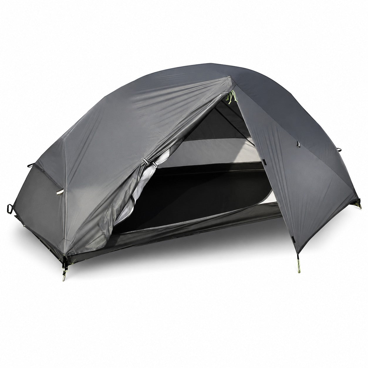 Tente légère 1 personne grise Passion Randonnée, vue de face avec ouverture avant, conçue pour le bivouac et le camping en pleine nature.