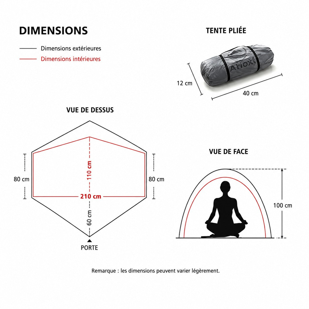 Schéma des dimensions de la tente légère Passion Randonnée avec vue de dessus, vue de face et format plié pour le transport.