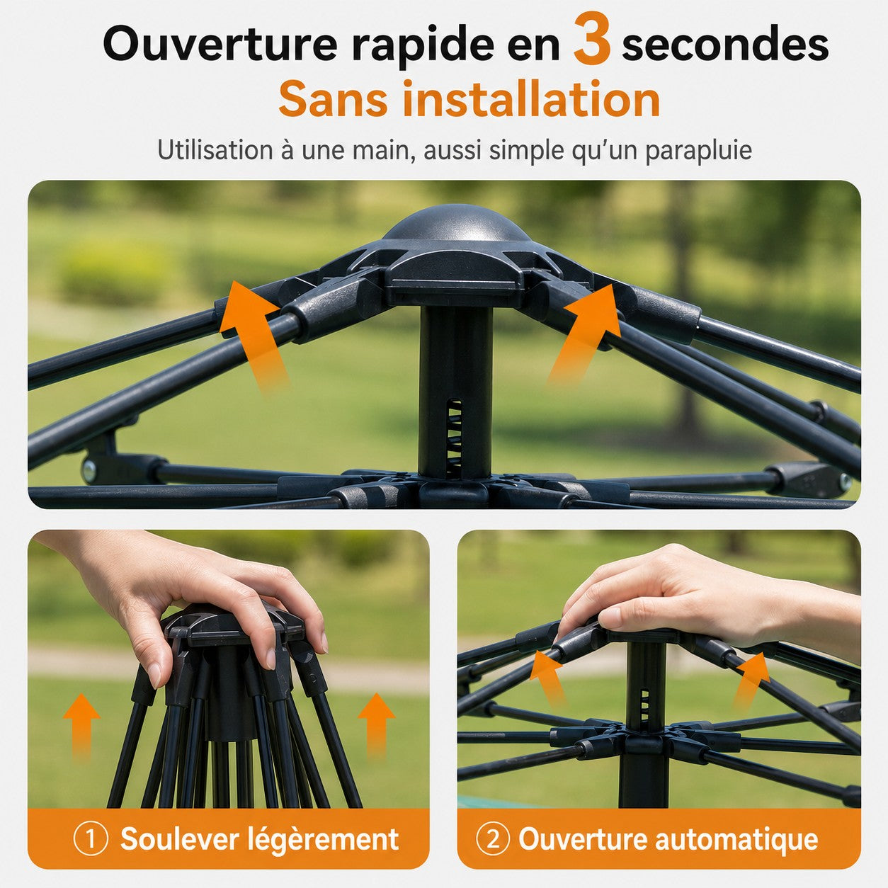 Système d’ouverture rapide de la tente Passion Randonnée, avec mécanisme automatique permettant une installation simple en quelques secondes.