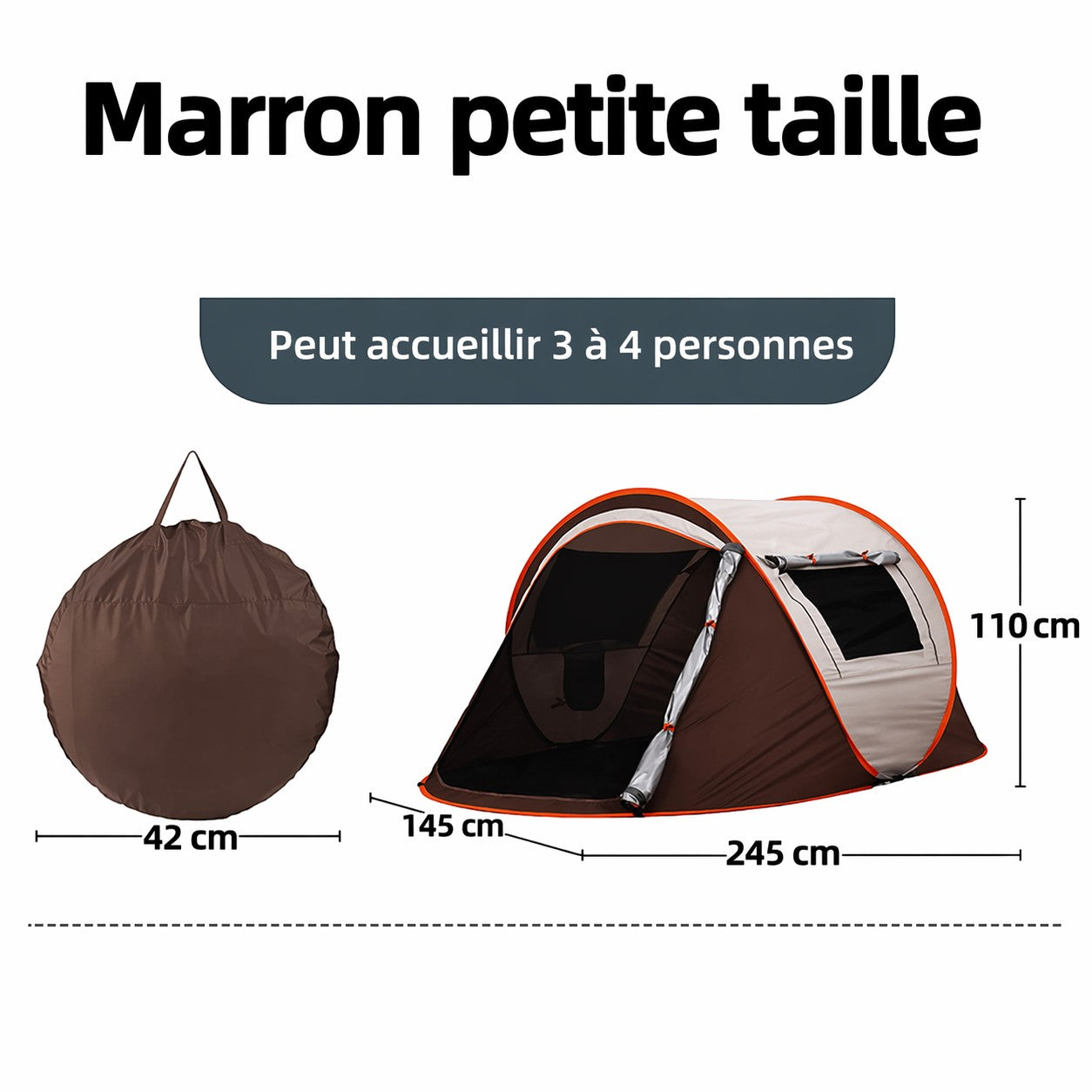Tente de camping instantanée Passion Randonnée pour 8 personnes, de couleur marron et beige avec des bordures orange, en polyester imperméable.