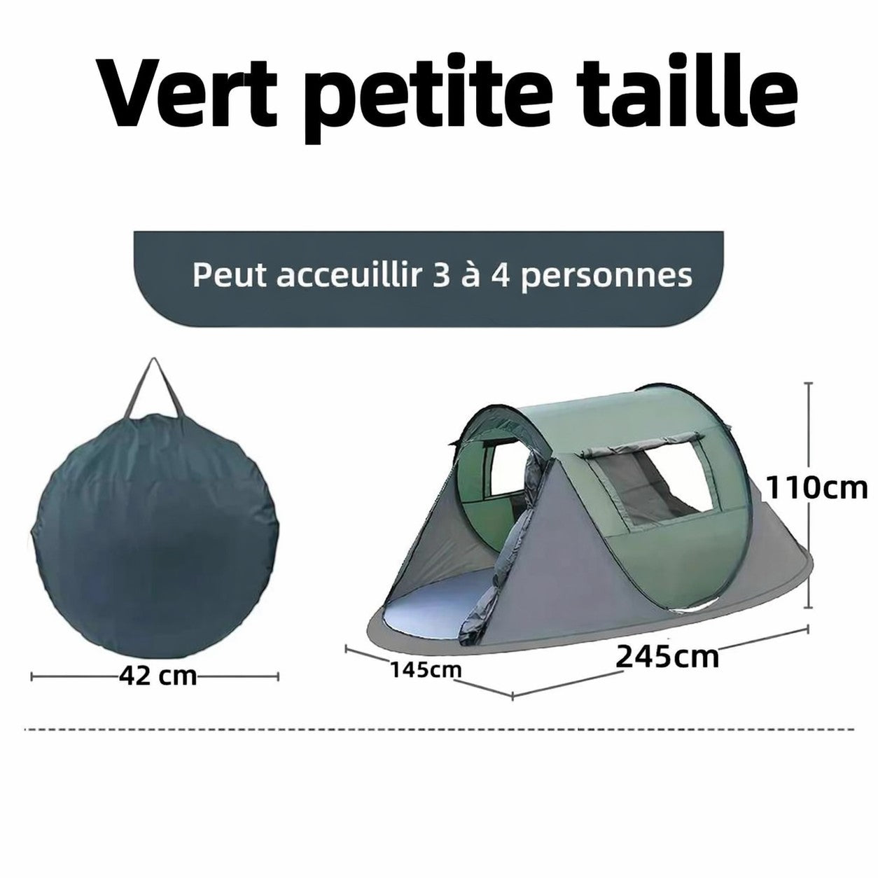 Tente de camping instantanée « Passion Randonnée » verte pour 3 à 4 personnes, avec armature en fibre de verre et deux fenêtres.