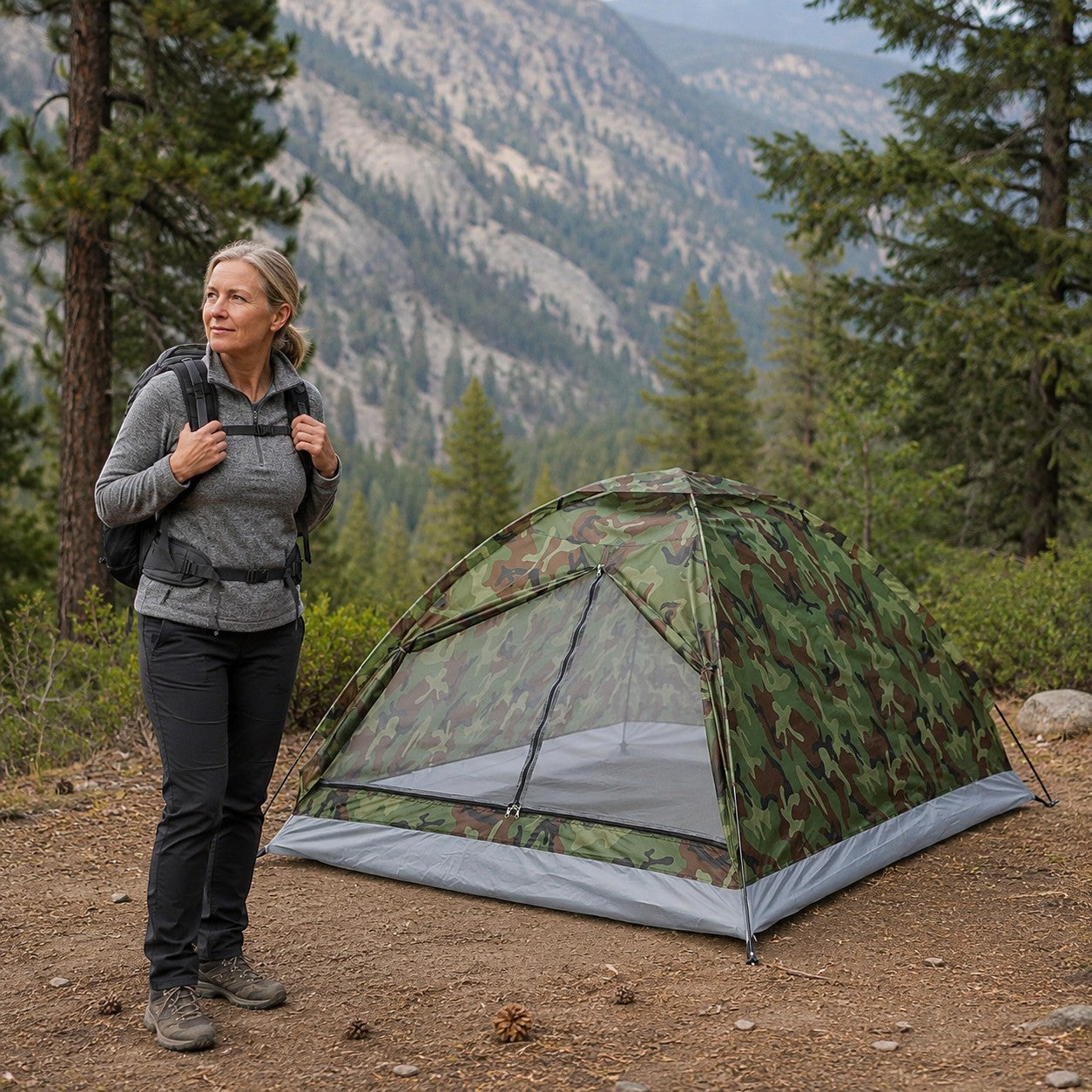 Tente camouflage Passion Randonnée installée en forêt de montagne, avec une randonneuse à côté pour illustrer une pause camping en pleine nature.