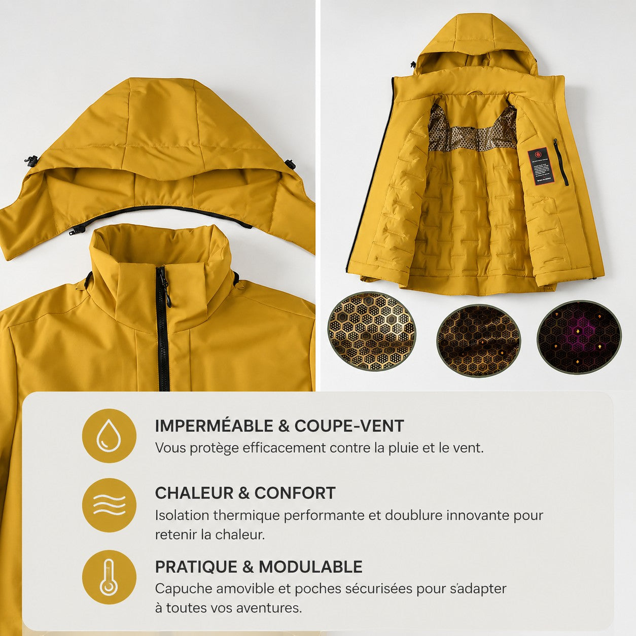 Détails d’une veste Passion Randonnée avec capuche amovible, doublure intérieure, protection imperméable et coupe-vent pour la randonnée.