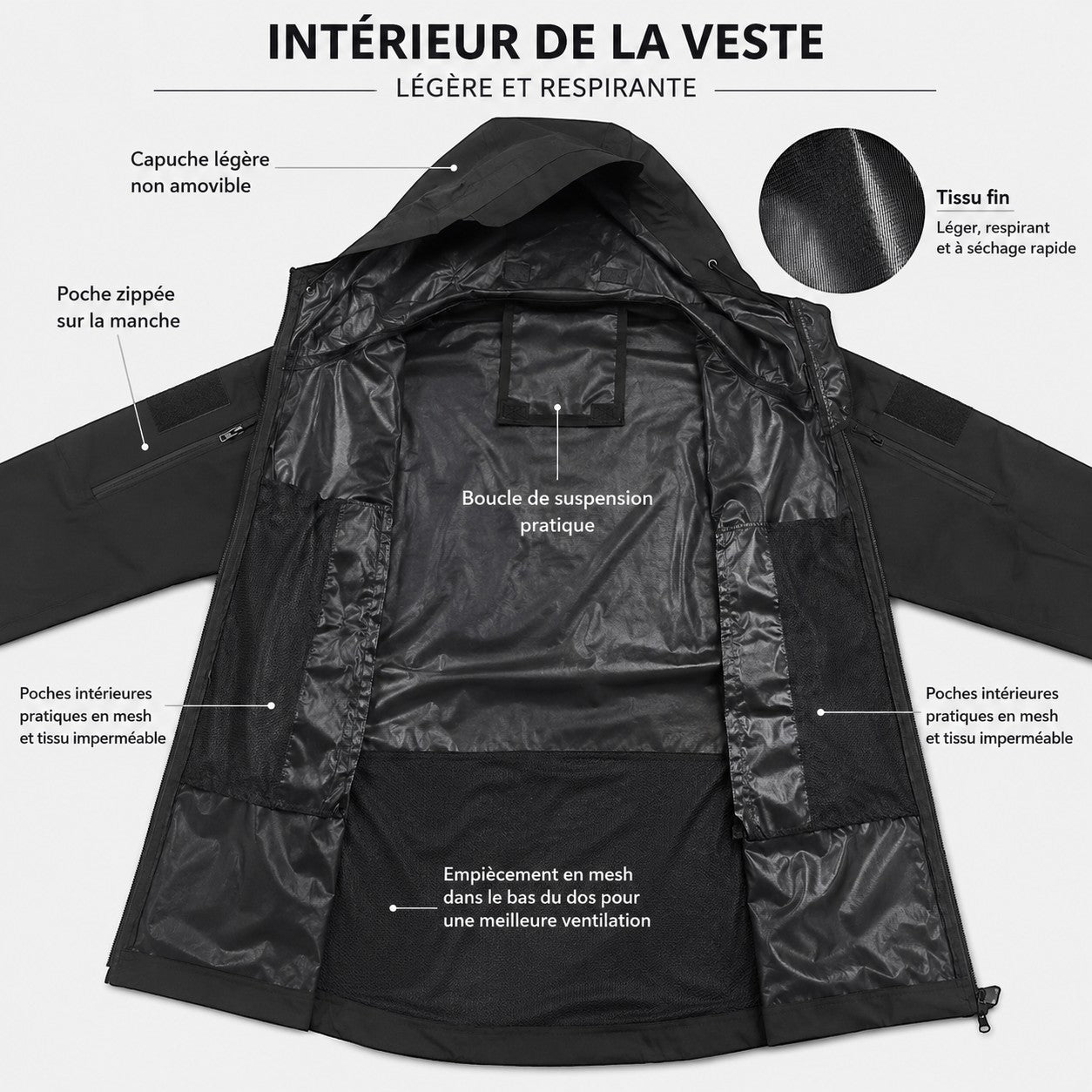 Vue intérieure d’une veste homme Passion Randonnée avec capuche, poches pratiques, tissu léger respirant et empiècement en mesh pour la ventilation.