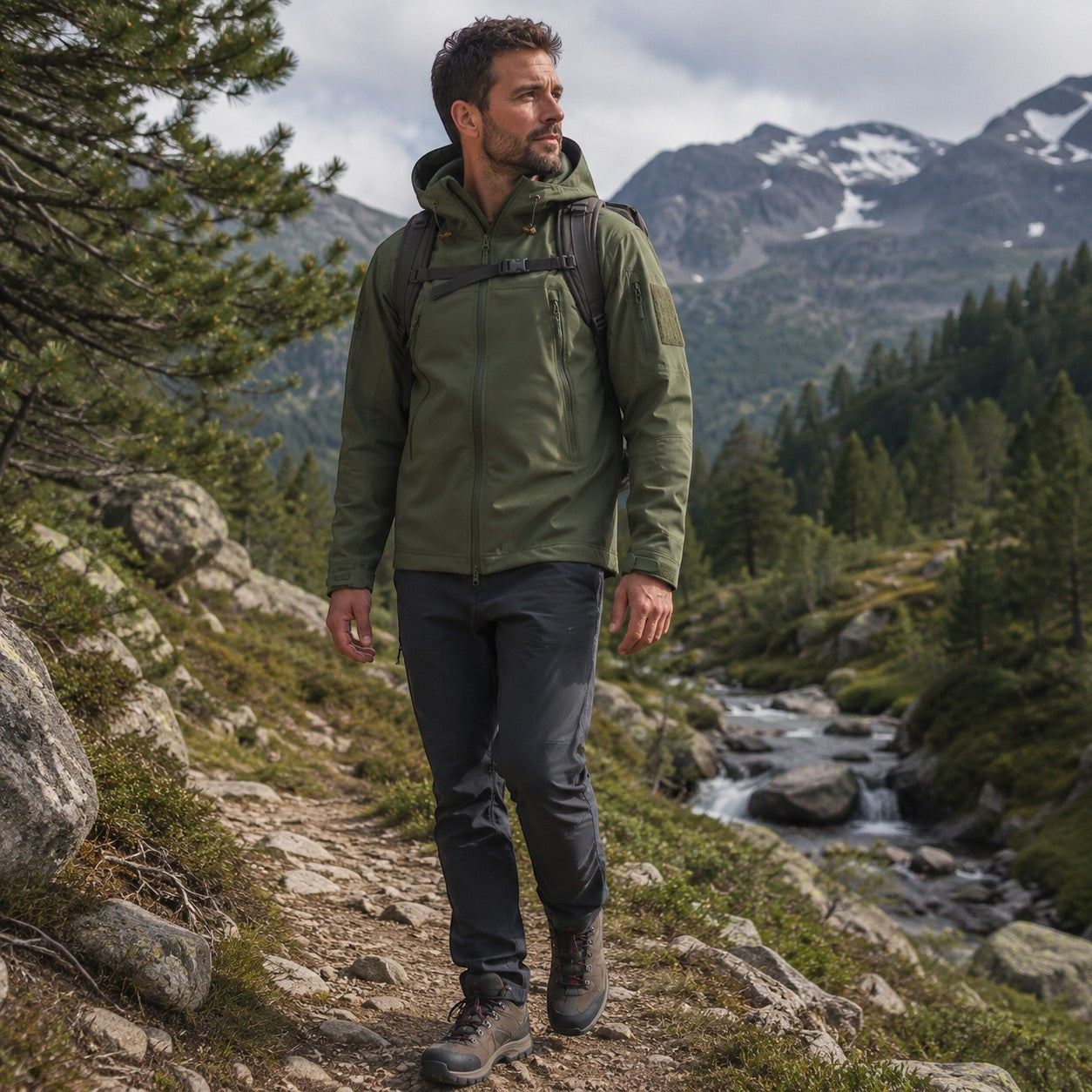 Homme portant une veste outdoor verte Passion Randonnée en montagne près d’un torrent, avec coupe protectrice et tenue adaptée à la marche.