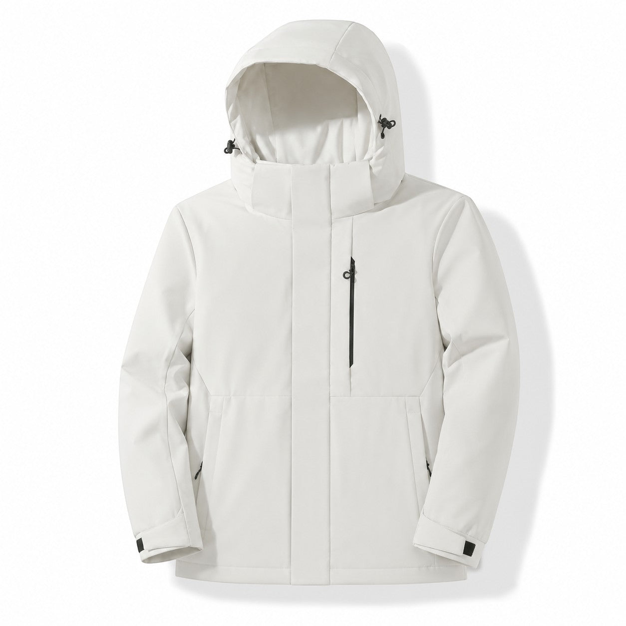 Veste de randonnée femme blanche Passion Randonnée avec capuche, fermeture zippée et poche poitrine, présentée sur fond clair.