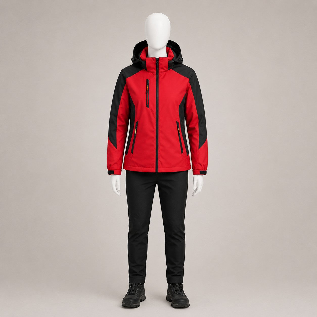 Veste de randonnée femme rouge et noire Passion Randonnée, présentée sur mannequin avec capuche, fermeture centrale et poches zippées.