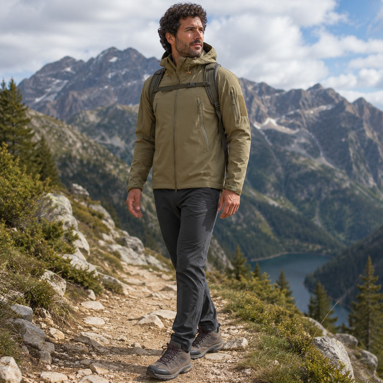 Homme portant une veste de randonnée beige Passion Randonnée sur un sentier de montagne, avec capuche, poches zippées et sac à dos.
