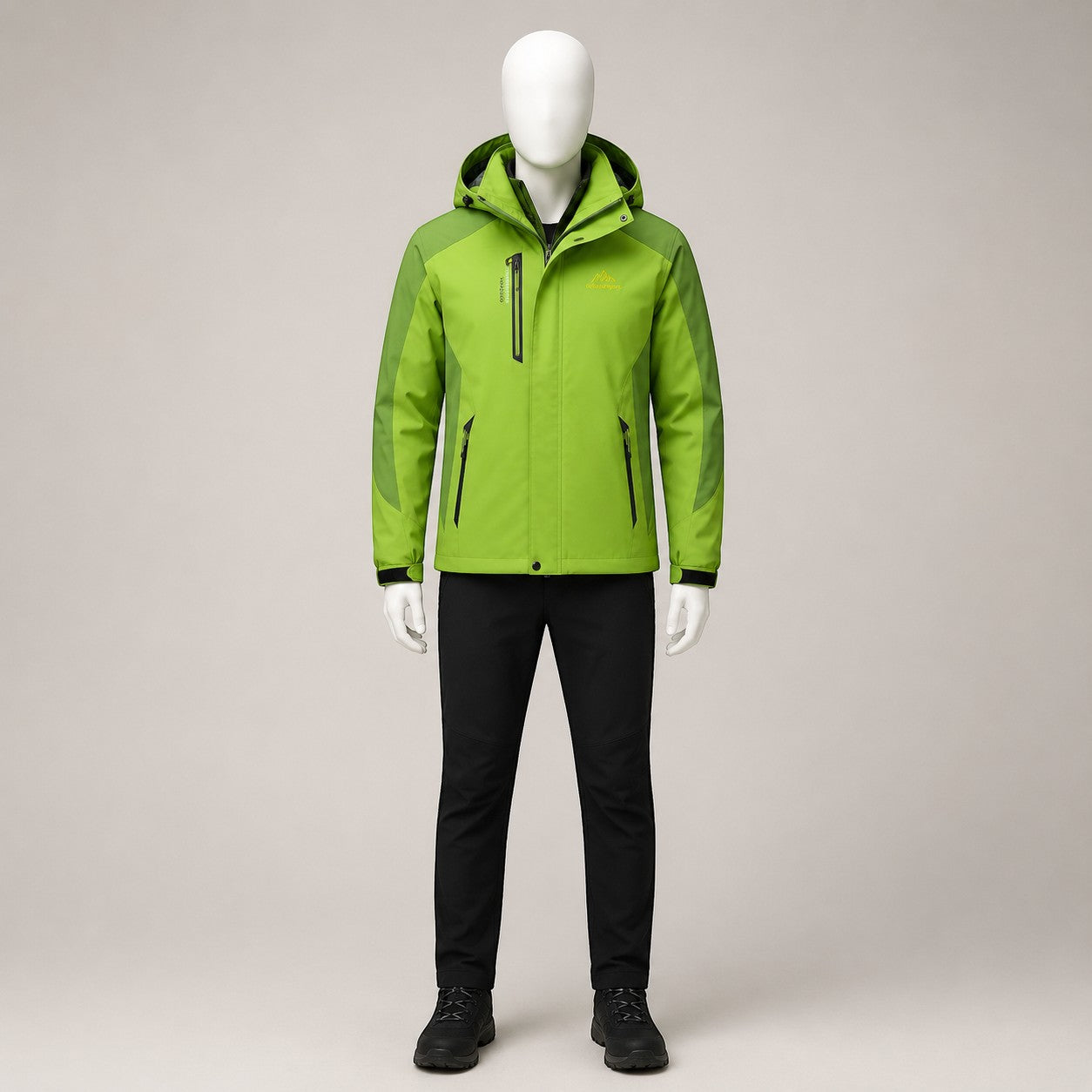 Veste de randonnée verte Passion Randonnée portée sur mannequin homme, avec capuche, fermeture zippée et poches pour les sorties outdoor.