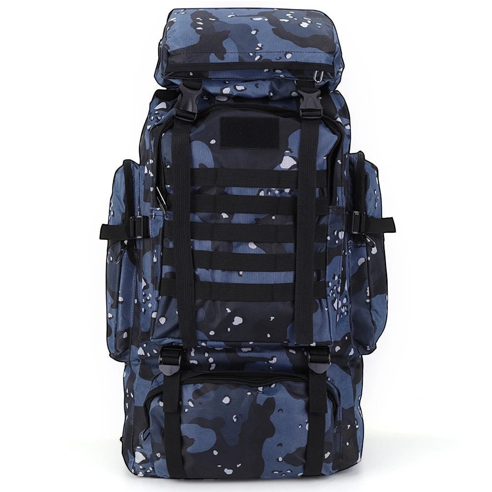 Sac à dos de randonnée unisexe Passion Randonnée 80 L, bleu camouflage, en tissu 600D souple, doté de nombreuses sangles et poches.