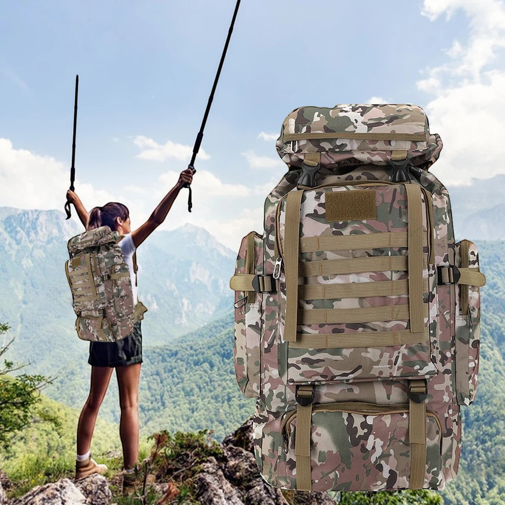 Sac à dos de randonnée Passion Randonnée 80 L, motif camouflage, en tissu 600D, à dos souple, modèle unisexe pour le trekking et l'escalade.